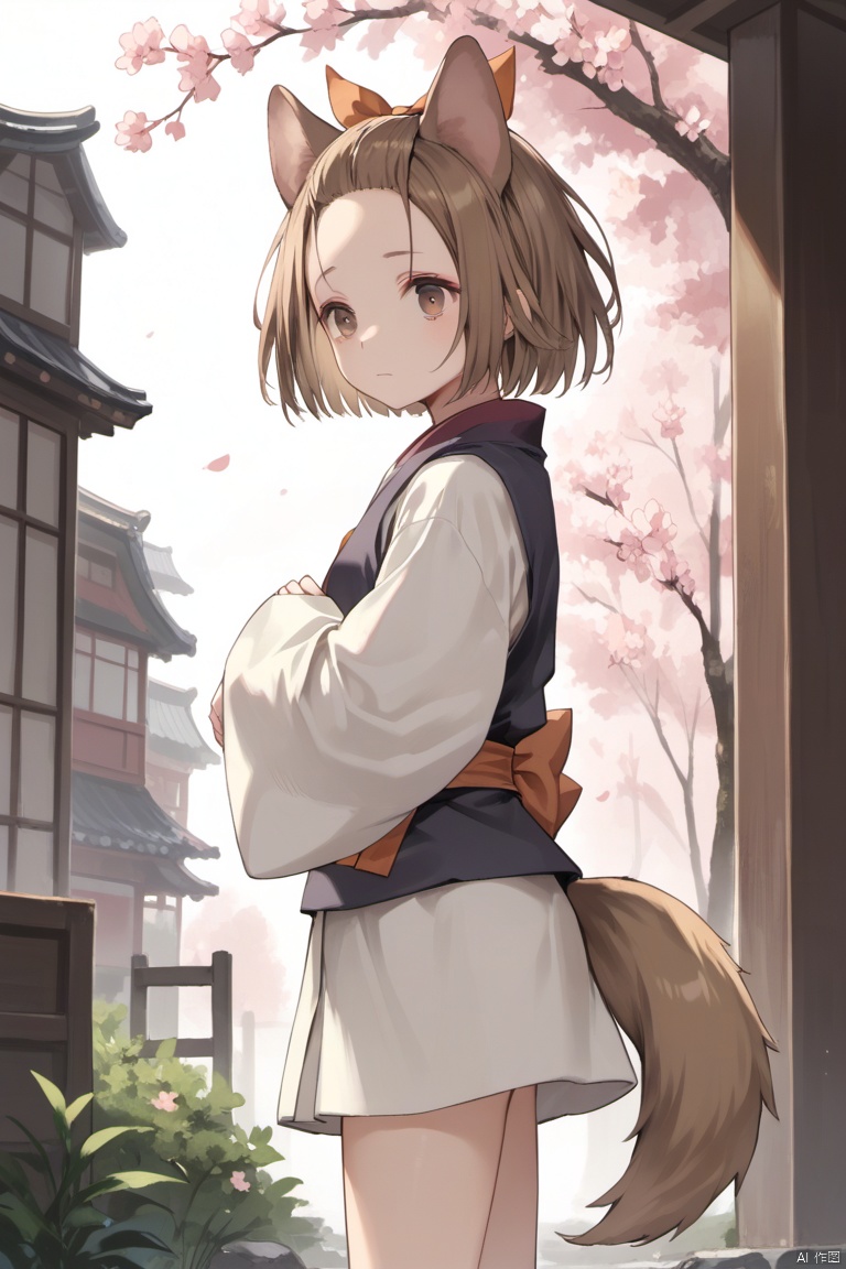 score_9,score_8,score_7, Ash Blossom & Joyous Spring \(ygo\), 1girl, solo, short hair, brown hair, ribbon, brown eyes, dog ears, tail, japanese clothes, forehead, empty hands, stand, (weep),