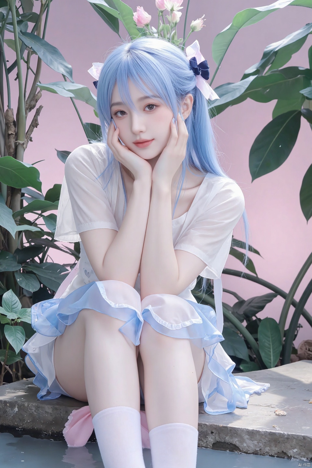 chen bin,original,qiya \(kia 098\),1girl,blue hair,blue nails,blush,bow,braid,breasts,closed mouth,dutch angle,flower,full body,hair between eyes,hair bow,long hair,looking at viewer,nail polish,no shoes,pantyhose,plant,red eyes,ribbon,sitting,skirt,small breasts,smile,soaking feet,solo,straight hair,water,white pantyhose,aesthetic,beautiful,beautiful color,masterpiece,best quality,artist é¬¼éè,,,atdan