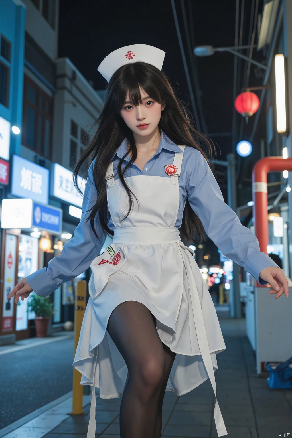 close up, very long hair, , professional artwork, intricate details, vision,maidennurse短裙服装,sharp focus, Detailed picture, Realistic lighting, Popular topics on pixiv, Standingatattention, ((maidennurse)), beautiful body,beautiful nose,Beautiful character design, perfect eyes, Perfect Face, view viewer, SFV,official art,Extremely detailed CG unified 8k wallpaper, perfect lighting,colorful, bright_street frontage_Face_Lighting project:1.0),(the best_quality:1.0), 超high resolution,4K,Super detailed, photography, 8K, high dynamic range, high resolution, Huang Li:1.2, Cordas Portela 400, film grain, background blur, Bokeh:1.2, lens flare glow, (A vibrant one_color:1.2), (Its appearance), ((view viewer, dancing pose))Female Kirito,black stockings,((black hair))