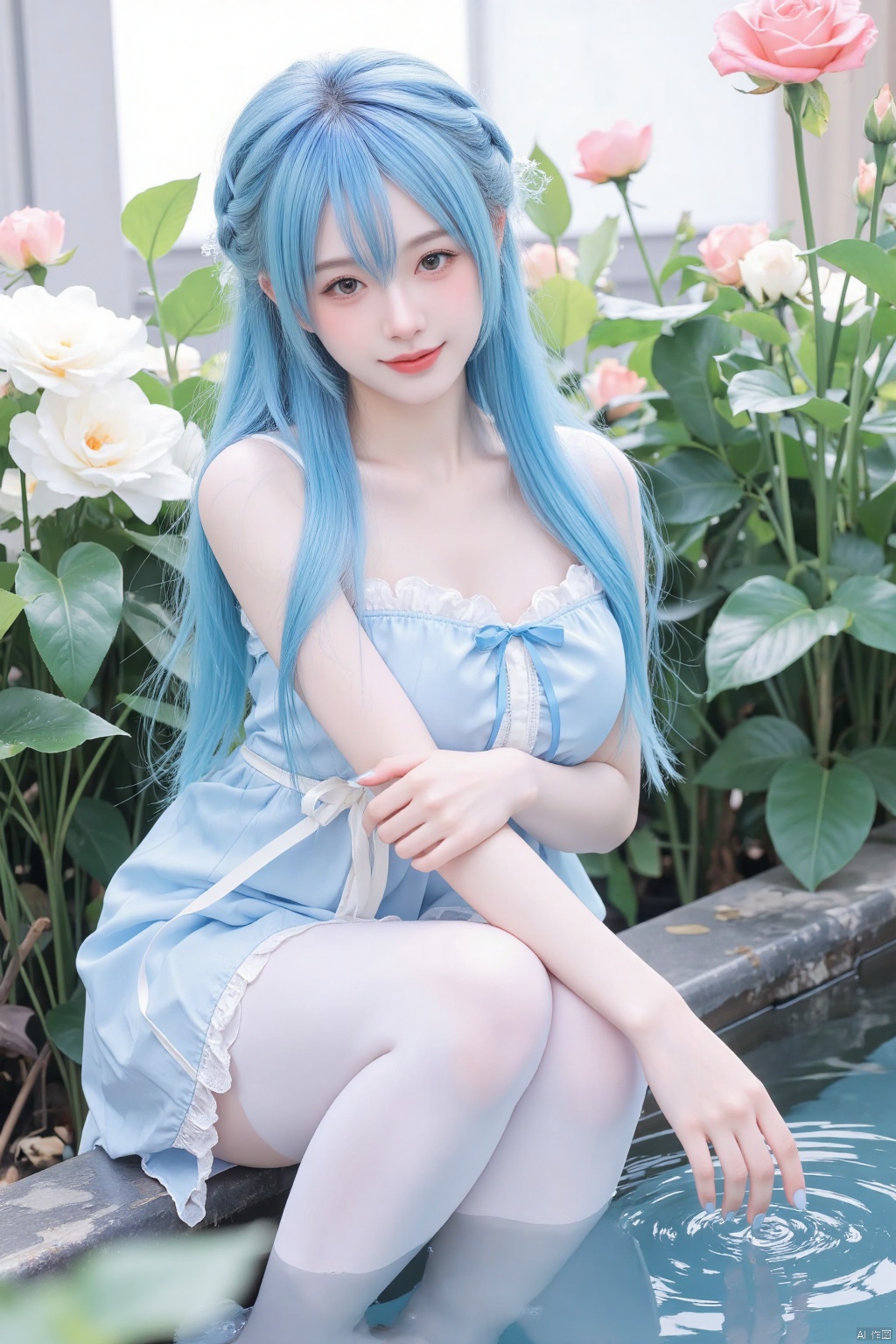 chen bin,original,qiya \(kia 098\),1girl,blue hair,blue nails,blush,bow,braid,breasts,closed mouth,dutch angle,flower,full body,hair between eyes,hair bow,long hair,looking at viewer,nail polish,no shoes,pantyhose,plant,red eyes,ribbon,sitting,skirt,small breasts,smile,soaking feet,solo,straight hair,water,white pantyhose,aesthetic,beautiful,beautiful color,masterpiece,best quality,artist é¬¼éè,,,atdan