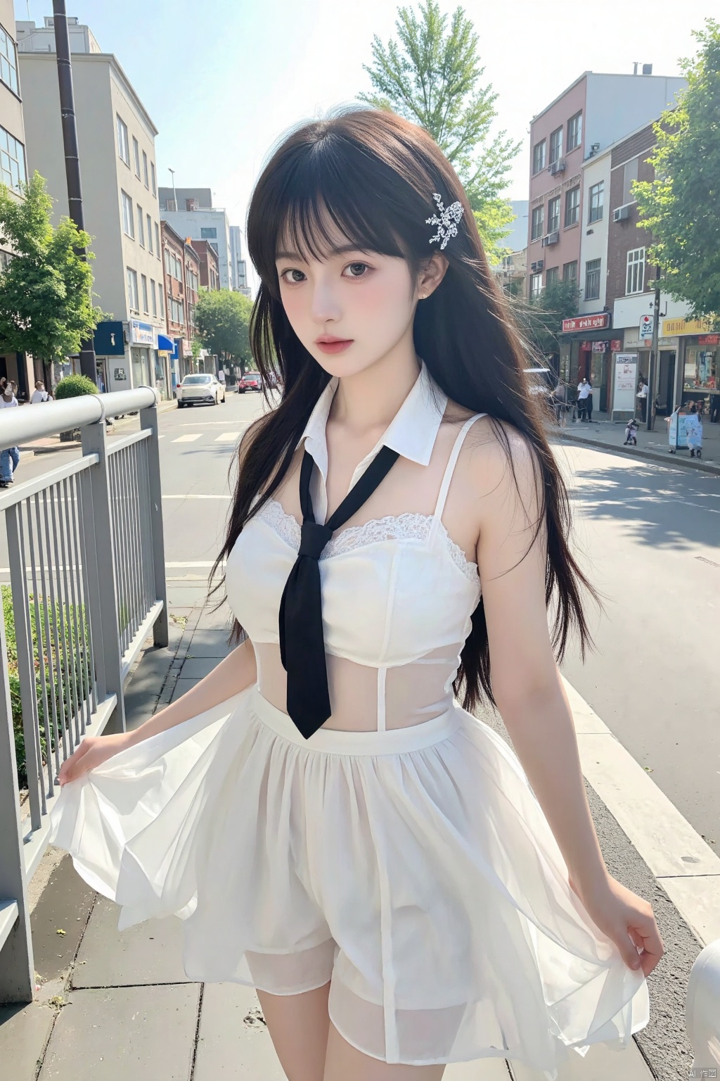 SHIBA MIYUKI, BLACK HAIR, BLUE EYES, LONG HAIR, HAIR ORNAMENT, BLUNT BANGS FIRST HIGH , WHITE DRESS, BLACK NECKTIE, CITY, BLACK PANTYHOSE, SEE-THROUGH DRESS ,large breasts , ConcertHole, 1girl,