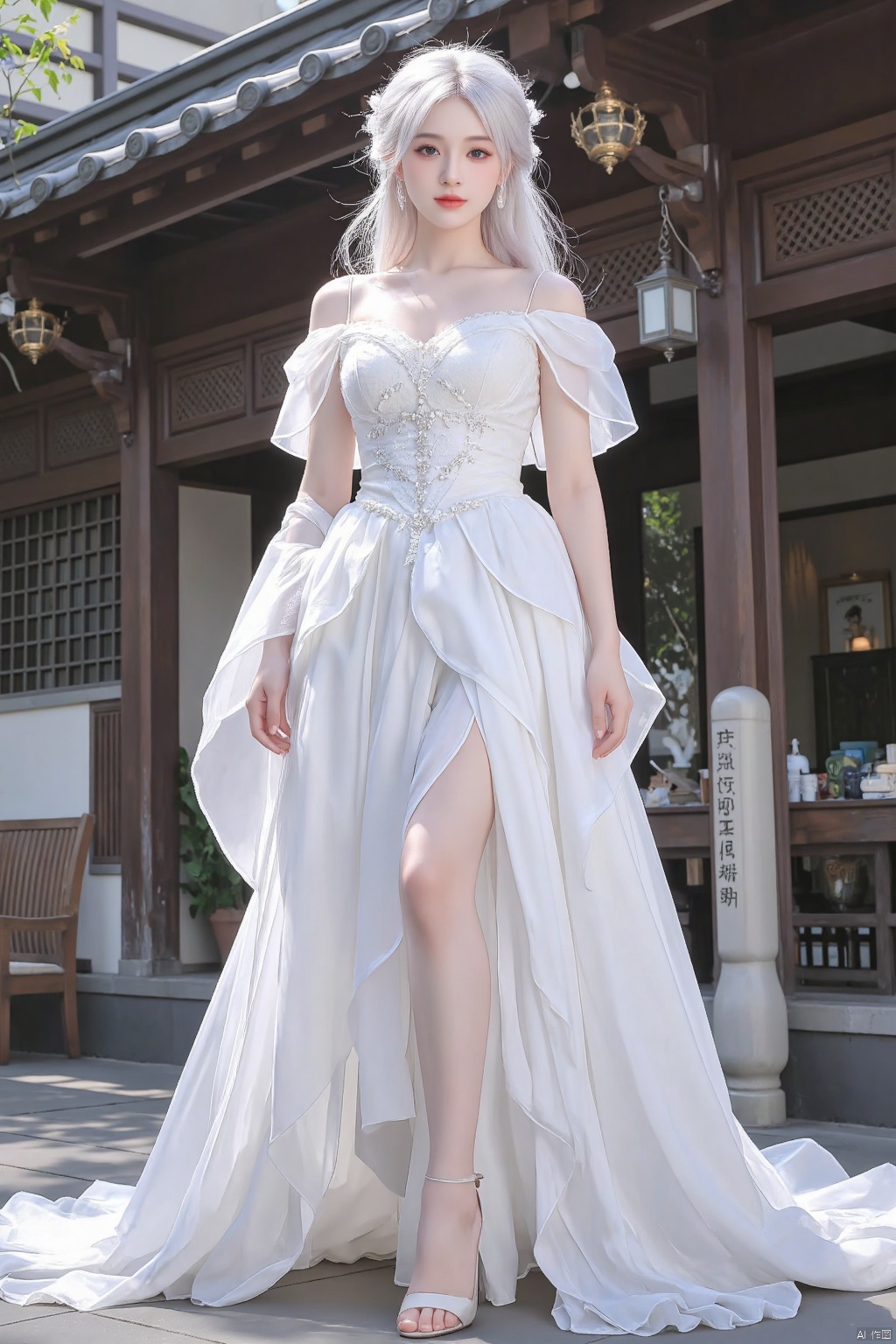 8k, Surreal, masterpiece, best quality, Ultra Detailed, high resolution, Random background, 1 girl, (:1.5), Yao Liu, white hair,whole body,White Wedding Dress,High heel,whole body,