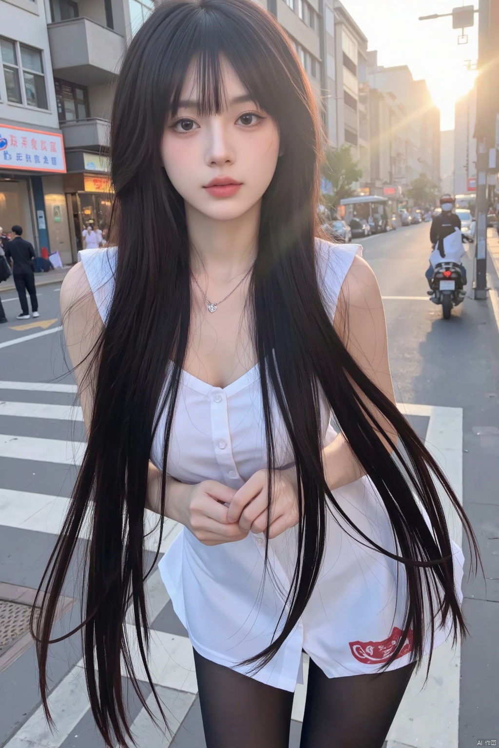 close up, very long hair, , professional artwork, intricate details, vision,maidennurse短裙服装,sharp focus, Detailed picture, Realistic lighting, Popular topics on pixiv, Standingatattention, ((maidennurse)), beautiful body,beautiful nose,Beautiful character design, perfect eyes, Perfect Face, view viewer, SFV,official art,Extremely detailed CG unified 8k wallpaper, perfect lighting,colorful, bright_street frontage_Face_Lighting project:1.0),(the best_quality:1.0), 超high resolution,4K,Super detailed, photography, 8K, high dynamic range, high resolution, Huang Li:1.2, Cordas Portela 400, film grain, background blur, Bokeh:1.2, lens flare glow, (A vibrant one_color:1.2), (Its appearance), ((view viewer, dancing pose))Female Kirito,black stockings,((black hair))