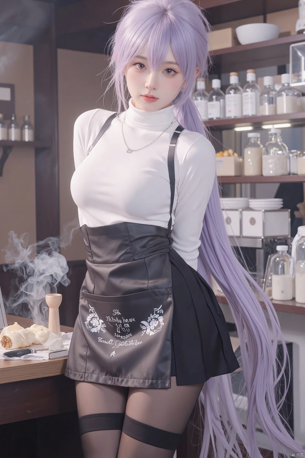 (masterpiece, top quality, best quality, official art, beautiful and aesthetic:1.2),(8k, best quality, masterpiece:1.2), (((masterpiece))),(((best quality))),(((extremely detailed))),illustration, who, (masterpiece, top quality, best quality, official art, beautiful and aesthetic:1.2),(8k, best quality, masterpiece:1.2), masterpiece, best quality, illustration, highres, ultra-detailed, 1girl, raiden shogun \(genshin impact\), 1girl, solo, pantyhose, long hair, apron, winter smoke, blush, looking at viewer, sweater, purle eyes, ponytail, turtleneck, arms behind back, purple hair, closed mouth, long sleeves, white sweater, turtleneck sweater, thighband pantyhose, black pantyhose, skirt, cowboy shot, brown pantyhose, indoors, very long hair, white hair, hair intakes, apron text "Thank you for 100 followers",