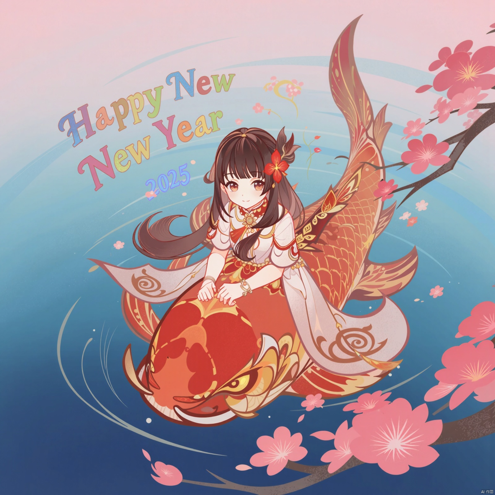 A Chinese-style illustration featuring a solo girl with long, luscious brown hair and blunt bangs, gazing directly at the viewer with a soft blush on her cheeks. She wears a flowing white dress adorned with a vibrant red flower in her locks. The scene takes place atop a majestic orange fish, its tail extending from the top to the bottom of the image, as it floats serenely on a body of water surrounded by pink flowers. In the background, colorful text Happy New Year 2025 swirls around the tranquil atmosphere.