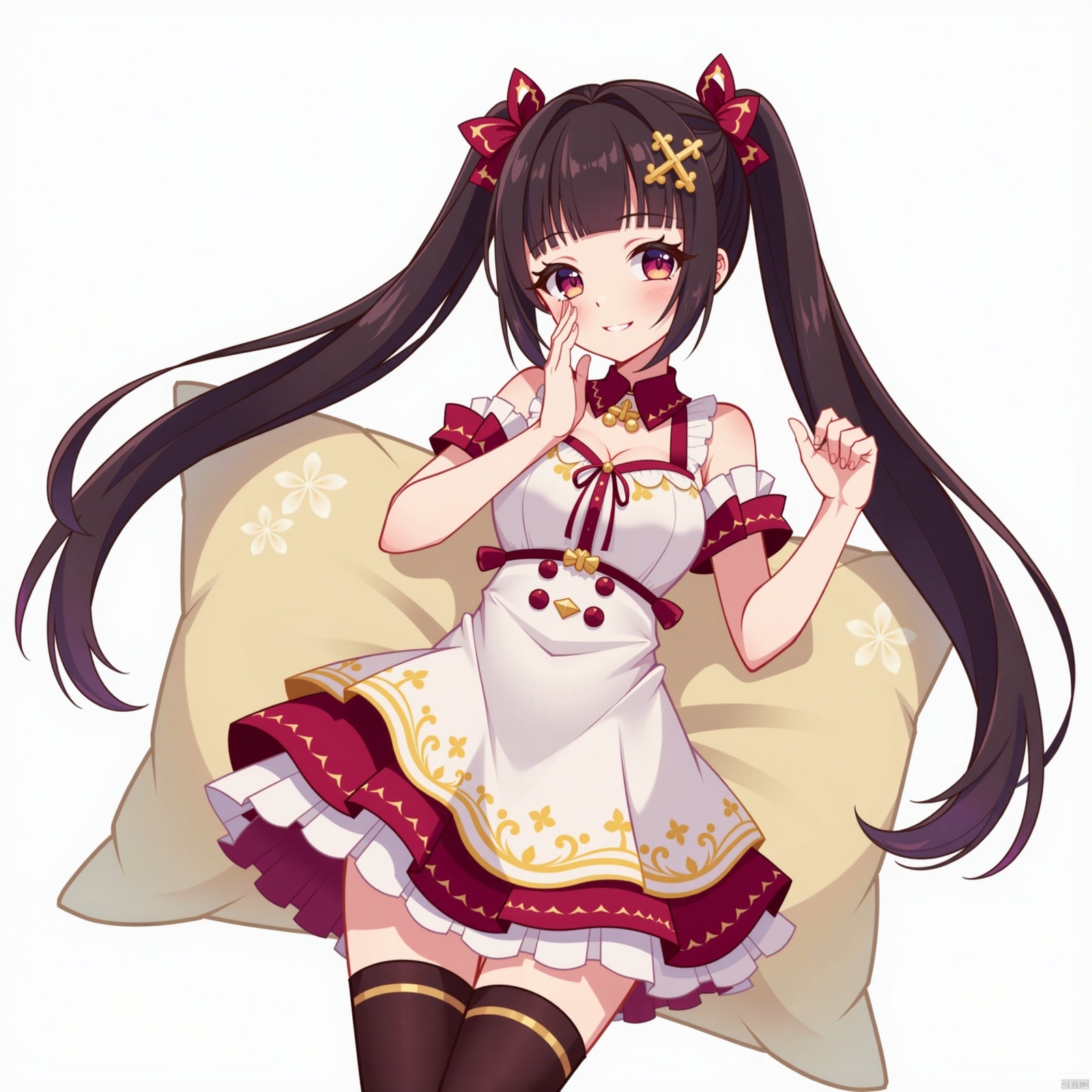 A stunning masterpiece! A girl with blunt bangs and very long hair, adorned with a hair ribbon and an X-shaped hair ornament, strikes a pose against a white background. Her straight hair is styled in twin tails, flowing down her back like silk. She wears layered dress with a print of flowers, and thigh-high socks that disappear beneath the fabric. A stuffed animal clutches her hand, as she gazes at the viewer with a sweet smile, her cheeks flushed with shame. The depth of field draws attention to her breasts, framed by the pillow behind her, which seems to hold up her hair. The overall effect is one of whimsical charm and colorful beauty.
