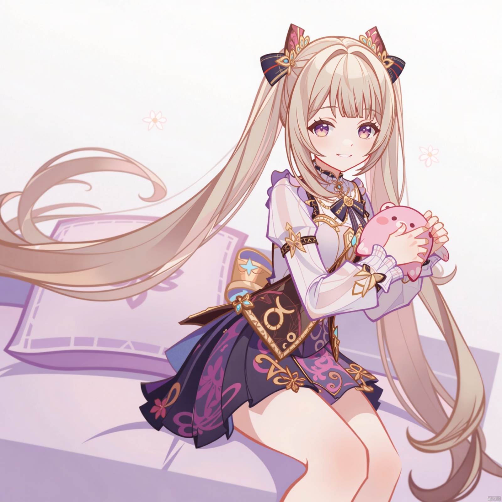 A stunning masterpiece! A girl with blunt bangs and very long hair, adorned with a hair ribbon and an X-shaped hair ornament, strikes a pose against a white background. Her straight hair is styled in twin tails, flowing down her back like silk. She wears layered dress with a print of flowers, and thigh-high socks that disappear beneath the fabric. A stuffed animal clutches her hand, as she gazes at the viewer with a sweet smile, her cheeks flushed with shame. The depth of field draws attention to her breasts, framed by the pillow behind her, which seems to hold up her hair. The overall effect is one of whimsical charm and colorful beauty.