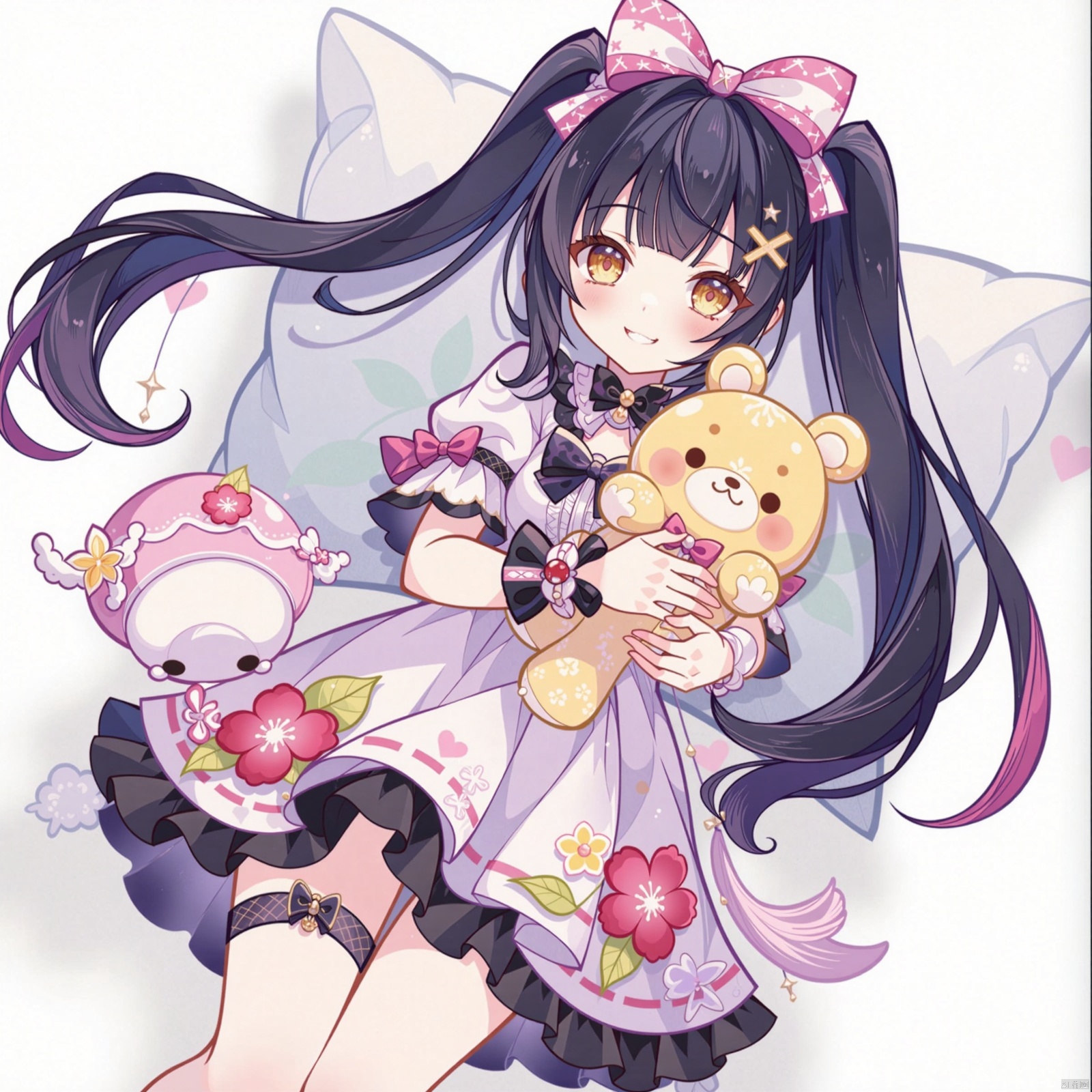 A stunning masterpiece! A girl with blunt bangs and very long hair, adorned with a hair ribbon and an X-shaped hair ornament, strikes a pose against a white background. Her straight hair is styled in twin tails, flowing down her back like silk. She wears layered dress with a print of flowers, and thigh-high socks that disappear beneath the fabric. A stuffed animal clutches her hand, as she gazes at the viewer with a sweet smile, her cheeks flushed with shame. The depth of field draws attention to her breasts, framed by the pillow behind her, which seems to hold up her hair. The overall effect is one of whimsical charm and colorful beauty.