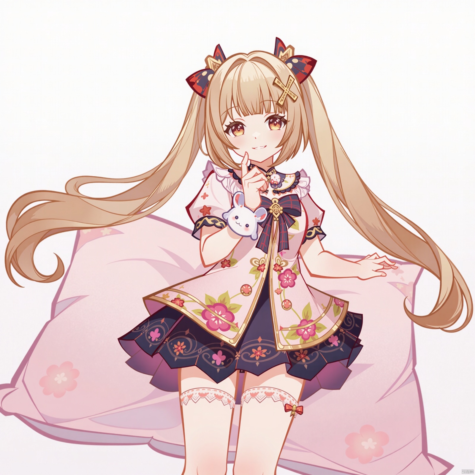 A stunning masterpiece! A girl with blunt bangs and very long hair, adorned with a hair ribbon and an X-shaped hair ornament, strikes a pose against a white background. Her straight hair is styled in twin tails, flowing down her back like silk. She wears layered dress with a print of flowers, and thigh-high socks that disappear beneath the fabric. A stuffed animal clutches her hand, as she gazes at the viewer with a sweet smile, her cheeks flushed with shame. The depth of field draws attention to her breasts, framed by the pillow behind her, which seems to hold up her hair. The overall effect is one of whimsical charm and colorful beauty.