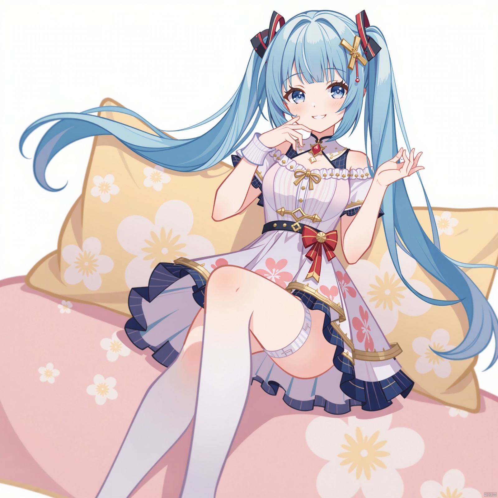 A stunning masterpiece! A girl with blunt bangs and very long hair, adorned with a hair ribbon and an X-shaped hair ornament, strikes a pose against a white background. Her straight hair is styled in twin tails, flowing down her back like silk. She wears layered dress with a print of flowers, and thigh-high socks that disappear beneath the fabric. A stuffed animal clutches her hand, as she gazes at the viewer with a sweet smile, her cheeks flushed with shame. The depth of field draws attention to her breasts, framed by the pillow behind her, which seems to hold up her hair. The overall effect is one of whimsical charm and colorful beauty.