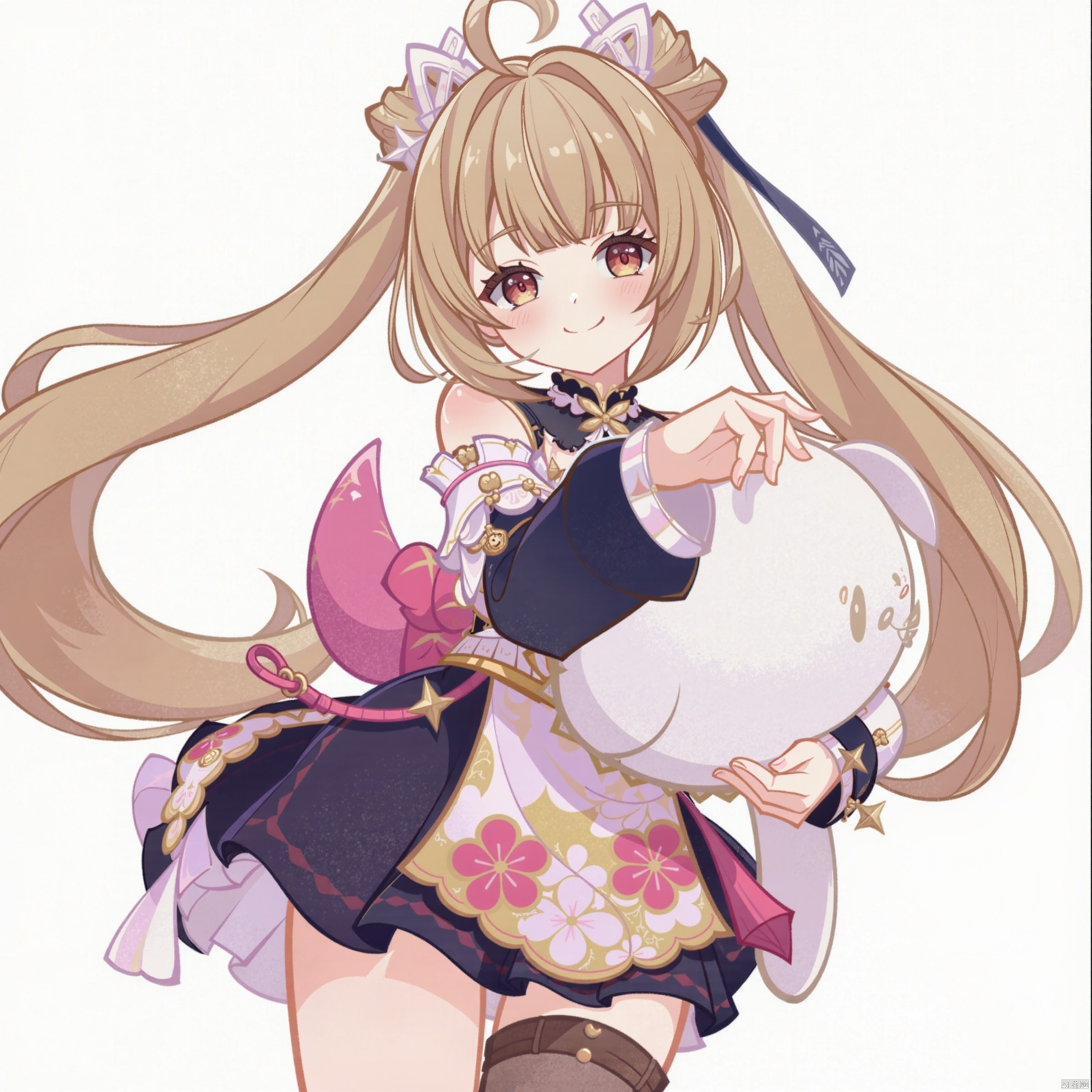 A stunning masterpiece! A girl with blunt bangs and very long hair, adorned with a hair ribbon and an X-shaped hair ornament, strikes a pose against a white background. Her straight hair is styled in twin tails, flowing down her back like silk. She wears layered dress with a print of flowers, and thigh-high socks that disappear beneath the fabric. A stuffed animal clutches her hand, as she gazes at the viewer with a sweet smile, her cheeks flushed with shame. The depth of field draws attention to her breasts, framed by the pillow behind her, which seems to hold up her hair. The overall effect is one of whimsical charm and colorful beauty.