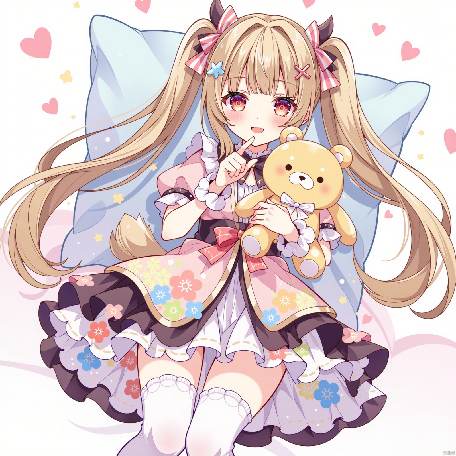 A stunning masterpiece! A girl with blunt bangs and very long hair, adorned with a hair ribbon and an X-shaped hair ornament, strikes a pose against a white background. Her straight hair is styled in twin tails, flowing down her back like silk. She wears layered dress with a print of flowers, and thigh-high socks that disappear beneath the fabric. A stuffed animal clutches her hand, as she gazes at the viewer with a sweet smile, her cheeks flushed with shame. The depth of field draws attention to her breasts, framed by the pillow behind her, which seems to hold up her hair. The overall effect is one of whimsical charm and colorful beauty.