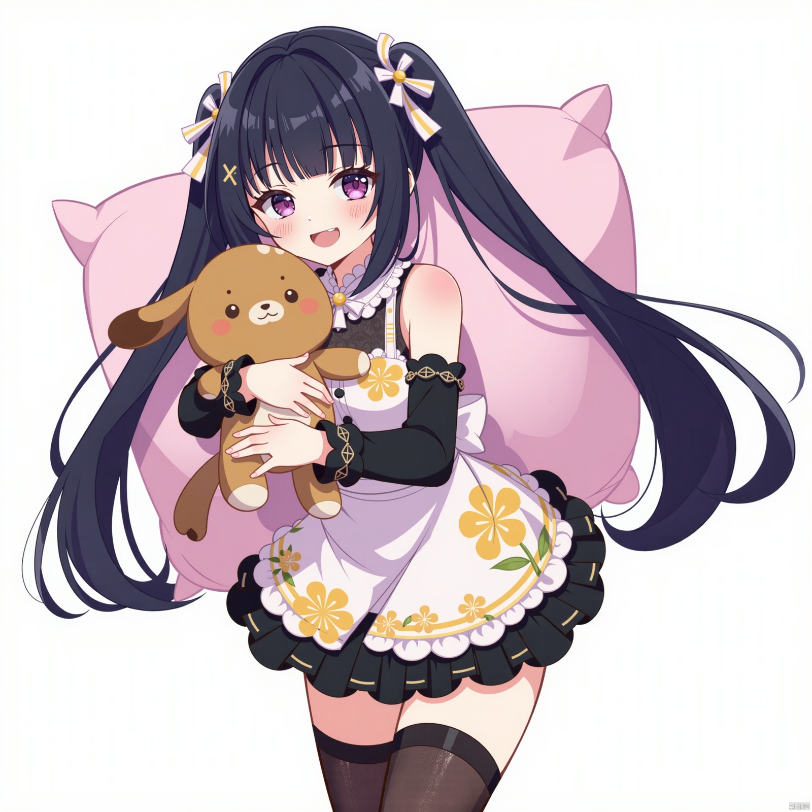 A stunning masterpiece! A girl with blunt bangs and very long hair, adorned with a hair ribbon and an X-shaped hair ornament, strikes a pose against a white background. Her straight hair is styled in twin tails, flowing down her back like silk. She wears layered dress with a print of flowers, and thigh-high socks that disappear beneath the fabric. A stuffed animal clutches her hand, as she gazes at the viewer with a sweet smile, her cheeks flushed with shame. The depth of field draws attention to her breasts, framed by the pillow behind her, which seems to hold up her hair. The overall effect is one of whimsical charm and colorful beauty.