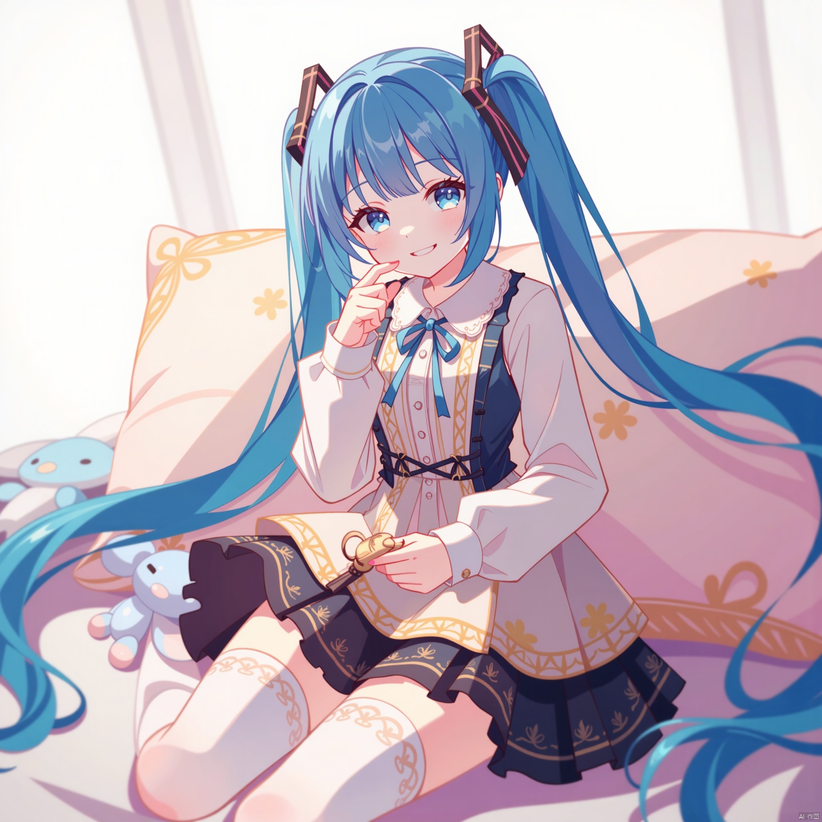 A stunning masterpiece! A girl with blunt bangs and very long hair, adorned with a hair ribbon and an X-shaped hair ornament, strikes a pose against a white background. Her straight hair is styled in twin tails, flowing down her back like silk. She wears layered dress with a print of flowers, and thigh-high socks that disappear beneath the fabric. A stuffed animal clutches her hand, as she gazes at the viewer with a sweet smile, her cheeks flushed with shame. The depth of field draws attention to her breasts, framed by the pillow behind her, which seems to hold up her hair. The overall effect is one of whimsical charm and colorful beauty.