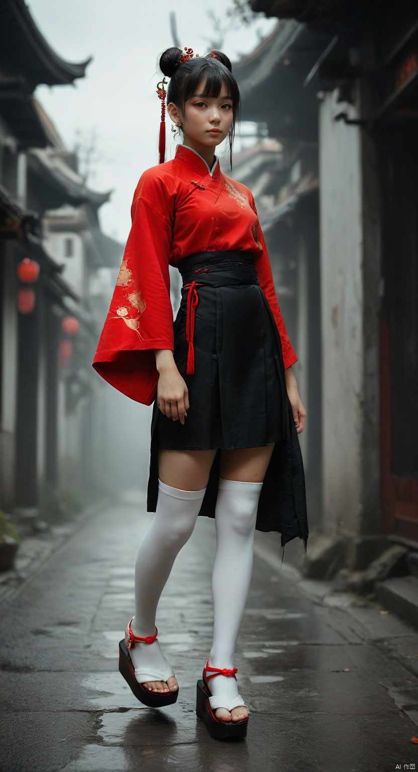 1girl,solo,long hair,black hair,hair ornament,hair rings,hair bun,ponytail,double bun,bangs,thighhighs,jewelry,full body,earrings,boots,white thighhighs,white footwear,skirt,black skirt,hakama,hakama skirt,chinese clothes,dress,red dress,red long sleeves,red wide sleeves,canghaisz,score_9_up score_8_up score_7_up.,OKOBO SANDALS, PLATFORM FOOTWEAR,