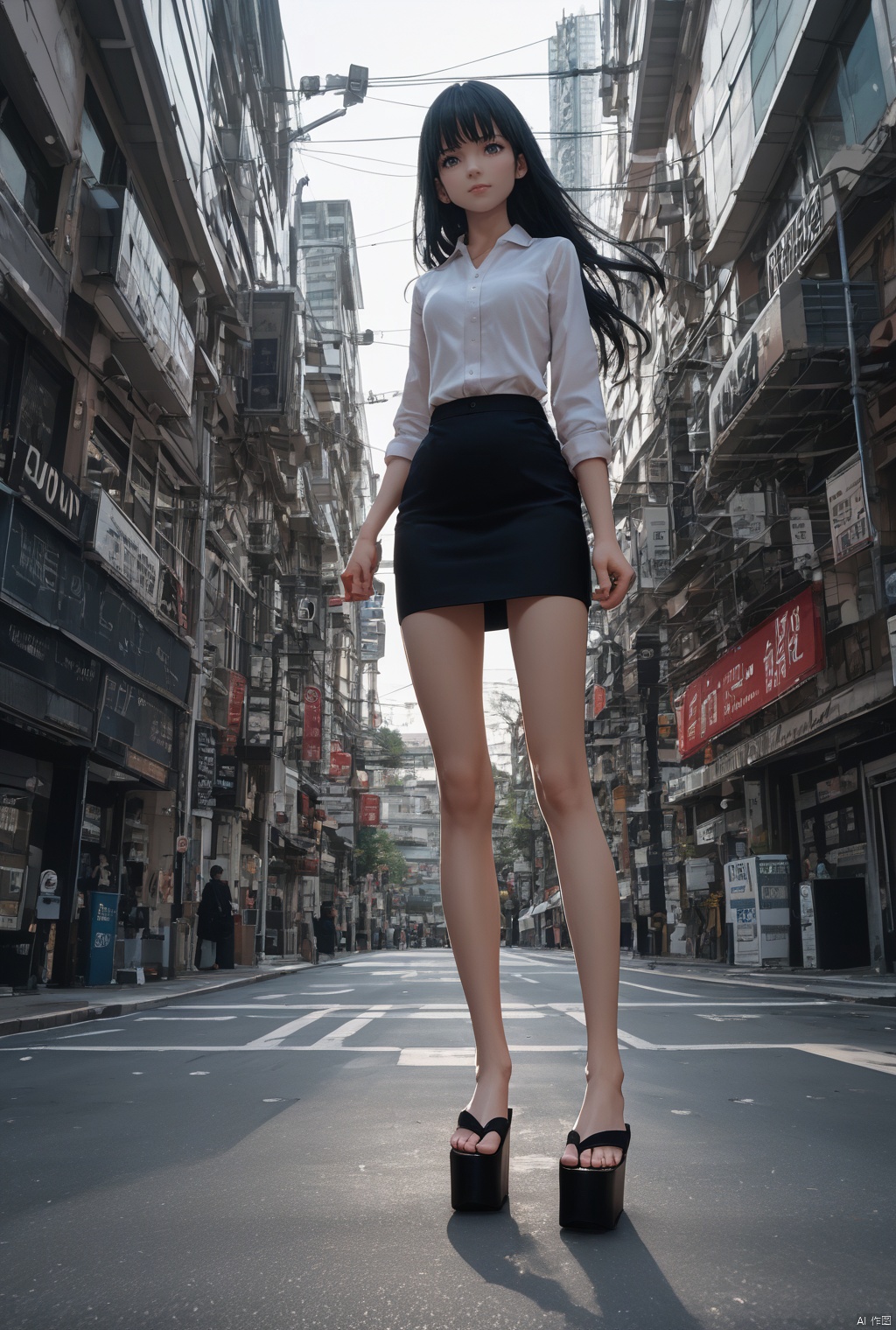 doudou,A skinny girl, her waist is very thin, her legs are very thin, with long black hair, bangs, and flowing hair. photostyle,(((front-view:1.5))) , outdoor ,street,Squat,sunny,wind,sunlight transmission,extreme low angle view , Japanese::3 office lady, extreme closeup view miniskirt::6,dof,Hasselblad, Sony FE GM, F8.0,iso 400,UHD, ccurate, super detail, high details, best quality, high quality, Looking At The Camera, Monovision, Exquisite Detail, Pantone True Color, Strong Sense Of Cinema,Prophoto Rgb,retina, 16k, Looking At The Camera, Monovision, Exquisite Detail, Pantone True Color, Strong Sense Of Cinema,Prophoto Rgb HD,Editorial Photography, Photography, Photoshoot,OKOBO SANDALS, PLATFORM FOOTWEAR,,score_9_up score_8_up score_7_up