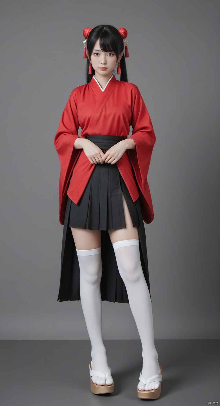 1girl,solo,long hair,black hair,hair ornament,hair rings,hair bun,ponytail,double bun,bangs,thighhighs,jewelry,full body,earrings,boots,white thighhighs,white footwear,skirt,black skirt,hakama,hakama skirt,chinese clothes,dress,red dress,red long sleeves,red wide sleeves,canghaisz,score_9_up score_8_up score_7_up.,OKOBO SANDALS, PLATFORM FOOTWEAR,