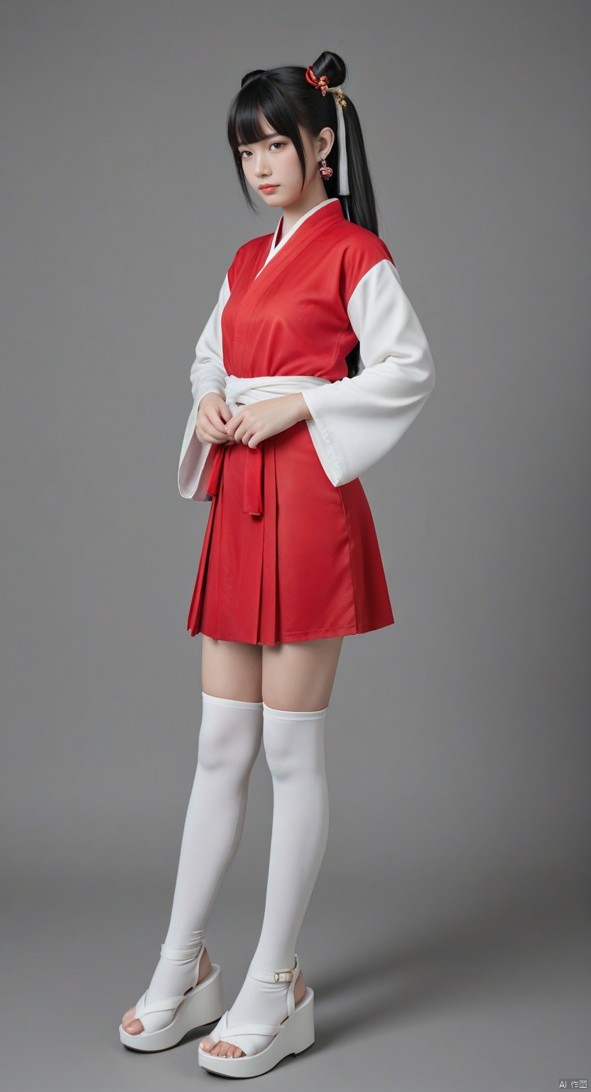 1girl,solo,long hair,black hair,hair ornament,hair rings,hair bun,ponytail,double bun,bangs,thighhighs,jewelry,full body,earrings,boots,white thighhighs,white footwear,skirt,black skirt,hakama,hakama skirt,chinese clothes,dress,red dress,red long sleeves,red wide sleeves,canghaisz,score_9_up score_8_up score_7_up.,OKOBO SANDALS, PLATFORM FOOTWEAR,