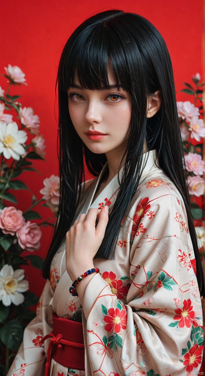 masterpiece, best quality, amazing quality, absurdres, newest, very awa,Shi1ro_vo1d_illu, glitch art,glitch, blurry edges, film grain,
1girl, solo, long hair, kimono, japanese clothes, red eyes, bangs, black hair, blunt bangs, hime cut, looking at viewer, bracelet, floral print, jewelry, red background
, 