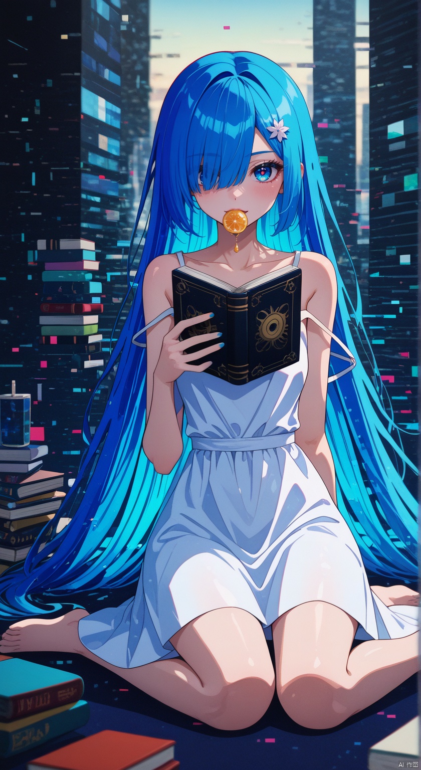 masterpiece, best quality, amazing quality, absurdres, newest, very awa,Shi1ro_vo1d_illu, glitch art,glitch, blurry edges, film grain,1girl, long hair, barefoot, dress, solo, sitting, book, hair over one eye, bubble blowing, blue eyes, blue hair, white dress, hair ornament, stuffed toy, strap slip
,SHI1RO_VO1D_ILLU, GLITCH ART, FILM GRAIN,,BLURRY,
