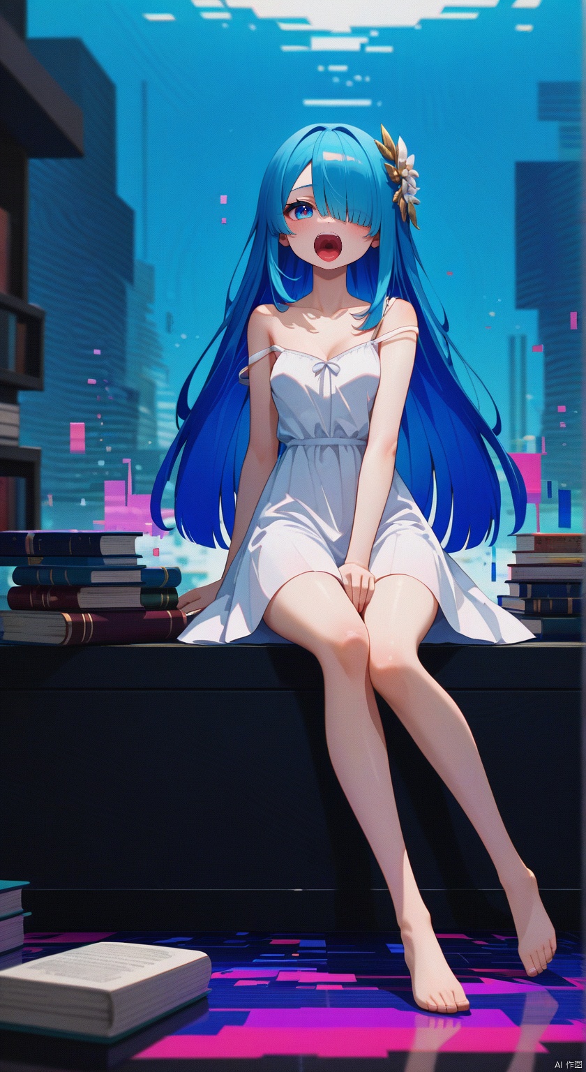 masterpiece, best quality, amazing quality, absurdres, newest, very awa,Shi1ro_vo1d_illu, glitch art,glitch, blurry edges, film grain,1girl, long hair, barefoot, dress, solo, sitting, book, hair over one eye, bubble blowing, blue eyes, blue hair, white dress, hair ornament, stuffed toy, strap slip
,SHI1RO_VO1D_ILLU, GLITCH ART, FILM GRAIN,,BLURRY,,score_9_up score_8_up score_7_up