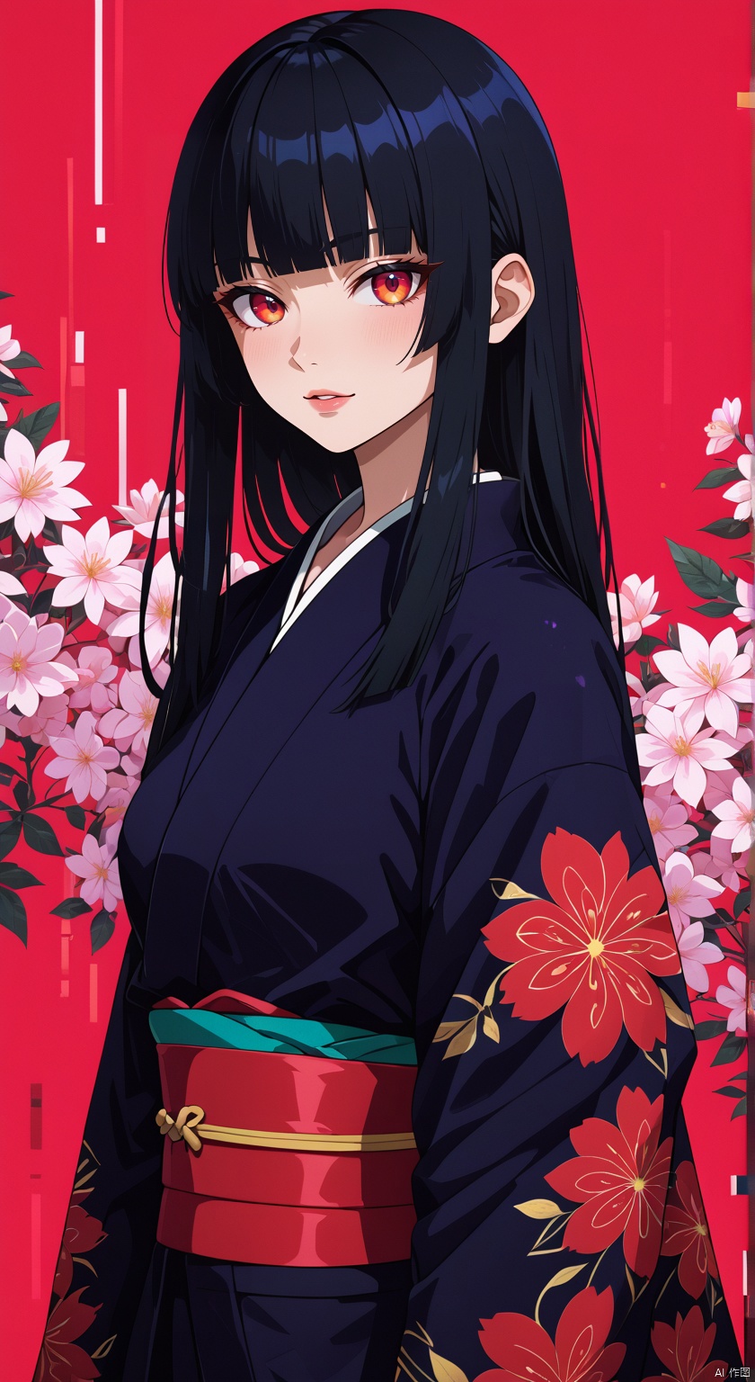 masterpiece, best quality, amazing quality, absurdres, newest, very awa,Shi1ro_vo1d_illu, glitch art,glitch, blurry edges, film grain,
1girl, solo, long hair, kimono, japanese clothes, red eyes, bangs, black hair, blunt bangs, hime cut, looking at viewer, bracelet, floral print, jewelry, red background
, 