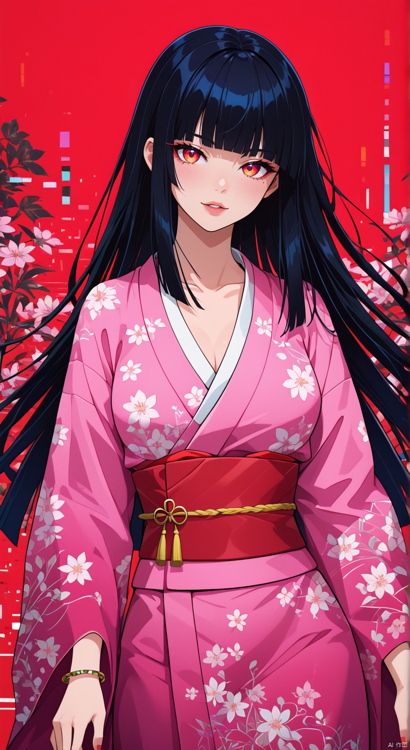 masterpiece, best quality, amazing quality, absurdres, newest, very awa,Shi1ro_vo1d_illu, glitch art,glitch, blurry edges, film grain,
1girl, solo, long hair, kimono, japanese clothes, red eyes, bangs, black hair, blunt bangs, hime cut, looking at viewer, bracelet, floral print, jewelry, red background
, 