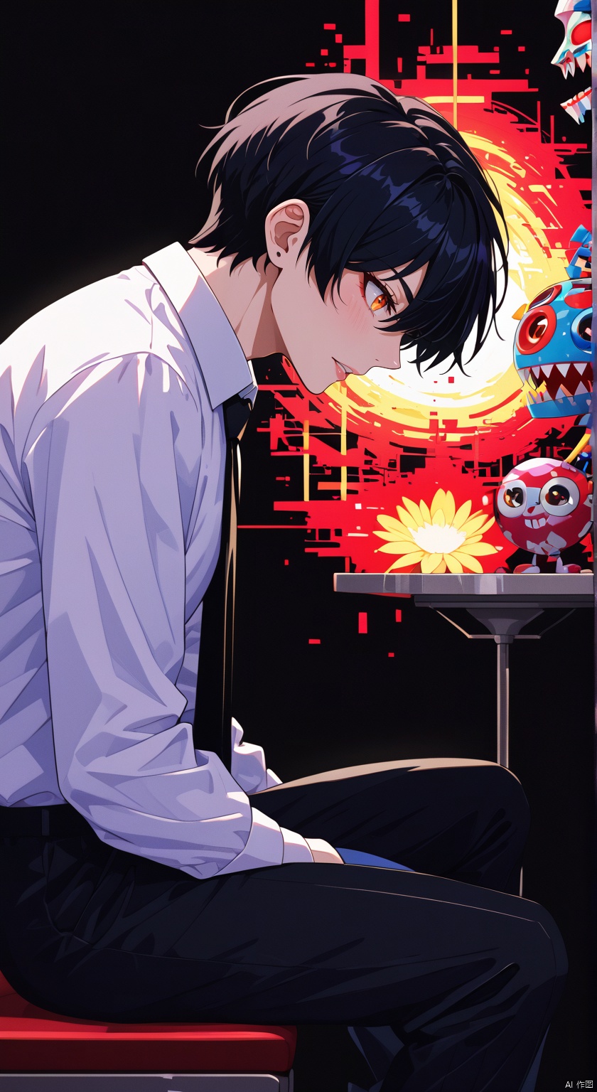 masterpiece, best quality, amazing quality, absurdres, newest, very awa,Shi1ro_vo1d_illu, glitch art,glitch, blurry edges, film grain,sitting, black pants, shirt, pants, teeth, white shirt, chair, 1boy, short hair, blood, red eyes, sharp teeth, black necktie, monster, male focus, flower, glowing, necktie, black hair, dark background, collared shirt, black background, from side,
,SHI1RO_VO1D_ILLU, GLITCH ART, FILM GRAIN,,BLURRY,