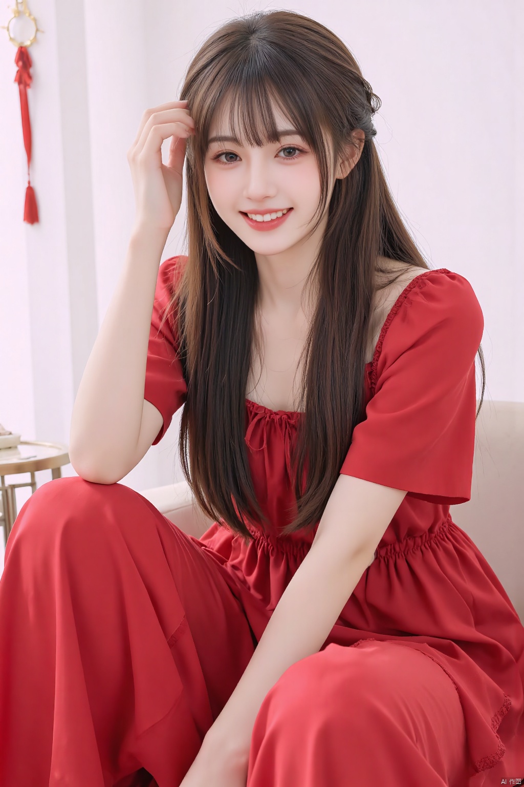 Ultra hd, 8k quality, a girl, happy, very long hair, detailed eyes, beautiful dress, red dress, sitting pose, whole body capture,