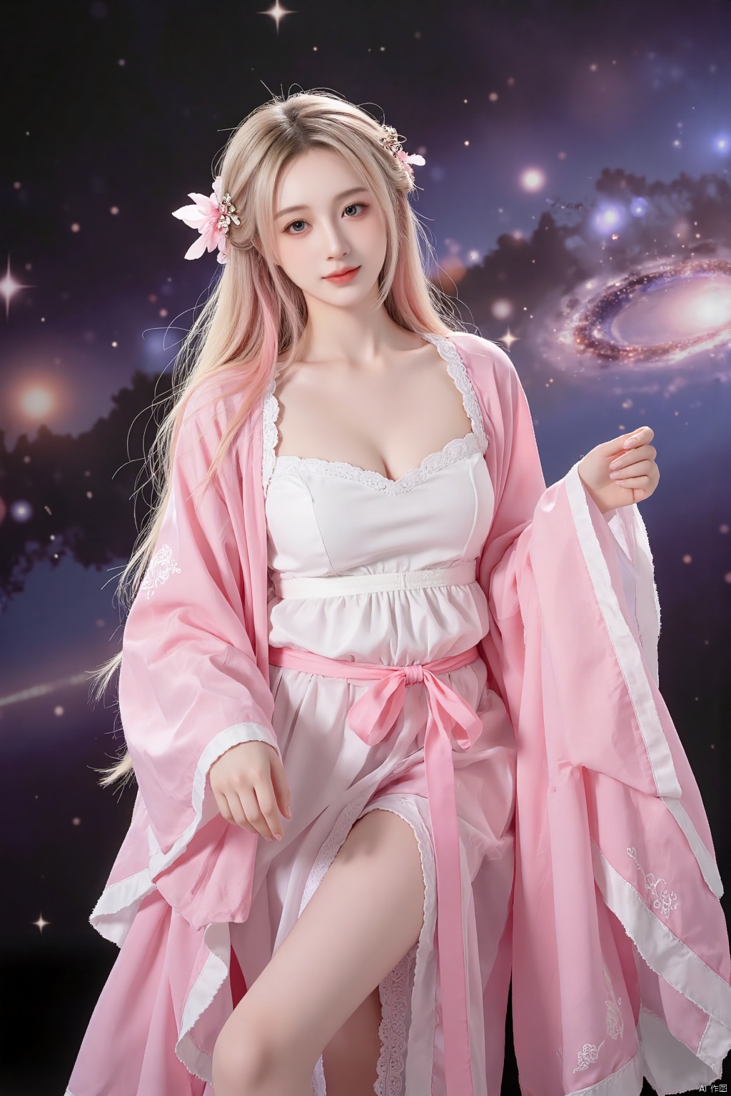 shenzi shenzi,1girl,long hair,pink hair,purple eyes,very long hair,hair_ornament,pink kimono ((knee shot)), ((Shoot at random angles)), ((Visible cleavage)), ((E-cup)), ((I-type Valley)), ((Warm colors)), Galaxy Background, Long-range shooting, A beautiful woman,Elegant posture,Standing,Slender figure。Her legs are slender and straight,Cross placement,Forming a perfect diagonal composition。Head gently sideways,Long blond hair falls naturally,Gently brushing her shoulders。Soft colors,In stark contrast to her fair skin。The edge of the skirt ripples gently,As if swaying in the breeze。Her eyes were gentle,There is a faint smile on the lips。The whole picture looks very harmonious and beautiful