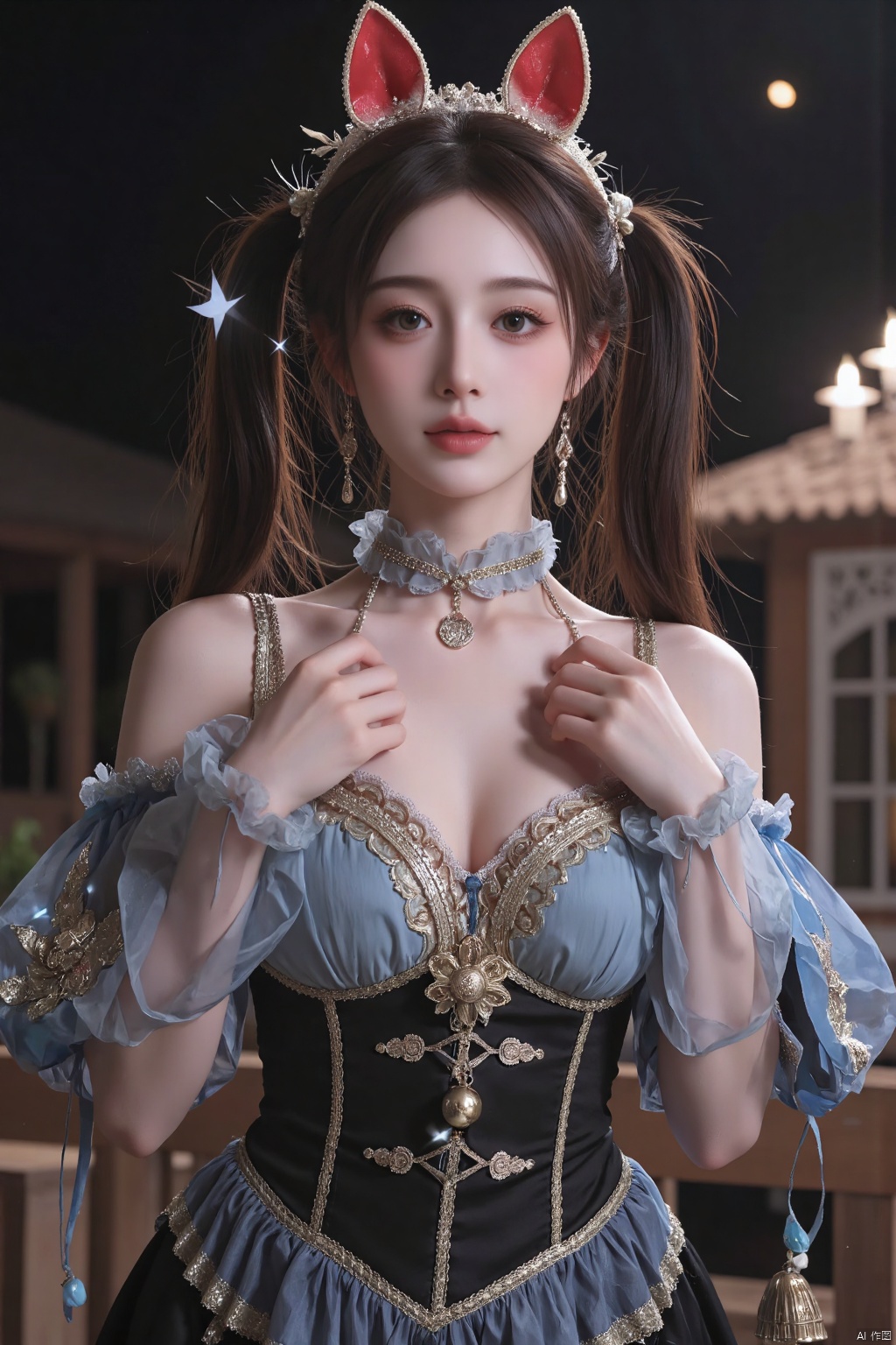 sparkle cosplay costume, cosplay, twintails, dress, detached sleeves, bell, single glove, hair ornament, bare shoulders, sandals, fox mask, mask on head ((Full breasts)), ((Visible cleavage)), ((Sexy legs)), ((cowboy shot)), ((I-type Valley)), ((E-cup)),Practical, Fashion Girl, Red lips, Mature women, Exquisite makeup, big eyes, beautiful, (best quality, masterpiece:1.2), Extremely detailed, (Practical:1.37), ((Random Scenes, Random shooting angle)), ((Sexy long legs)), Young and energetic, Charming model, (Exquisite eyes, Delicate lips), Show a bright smile, Create stunning girl images, warm color, Extremely saturated colors, Official Art, Extremely detailed的CG, Unity 8K wallpaper, (High Dynamic Range :1.4), (Movie atmosphere),(Soft colors), (Natural skin texture, ultra-Practical, Soft Light, sharp),(Very detailed), night, moonlight