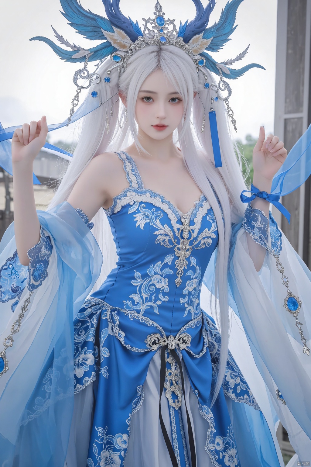 Anime-style image,A woman in a blue dress and a dragon headdress,drak,White-haired god,full-body xianxia,Portrait of a dragon girl,exteriors