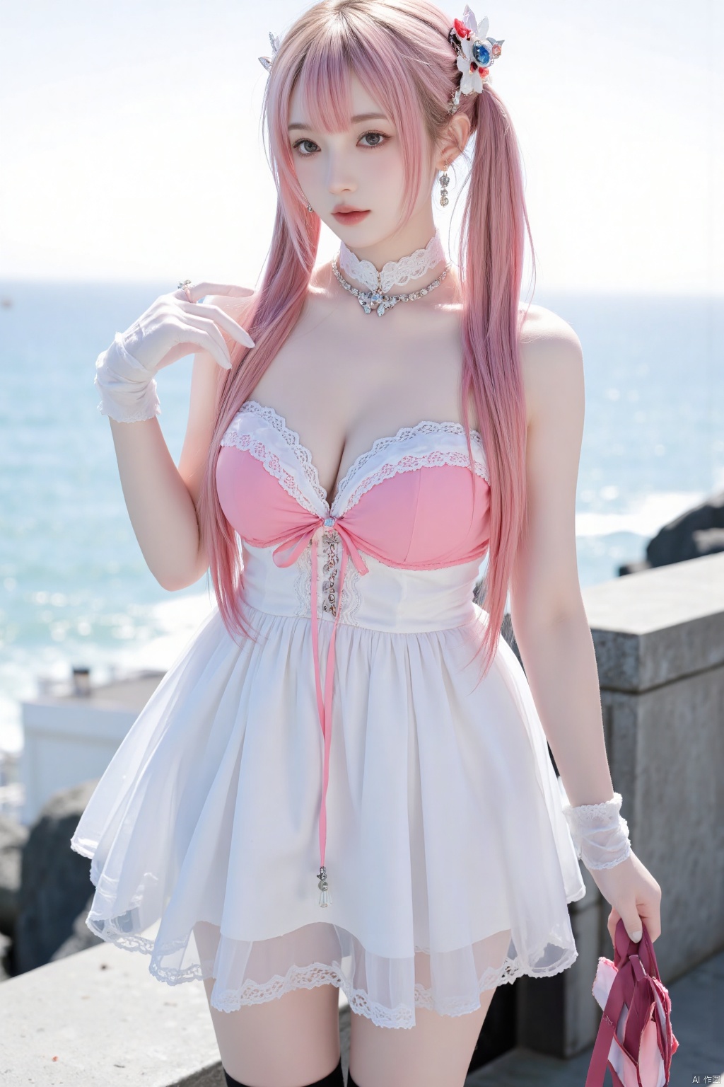 1girl,pink hair, long hair,twintails,hair rings,hair ornament,forehead jewel,brown eyes,detached collar,dress,bare shoulders, tassel,white gloves, white pantyhose,, ((Large Breasts)), ((D cup)), Visible cleavage,Highly detailed face and skin texture,((Bare shoulder)), Double eyelids,Skin Whitening,Long hair,Whitening long legs,Standing by the sea, Fashion Girl, Red lips, Sweet Girl, Beautiful makeup, detail, lifelike, Very detailed, Astonishing, beautiful, Young and energetic, high quality,HD, Colorful, Beautifully, Smooth skin, The skirt is very short, Official Art, Extremely detailed, Movie atmosphere, Soft colors, Natural skin texture, Random scene, random shooting Angle, Black over-the-knee socks, lace hem