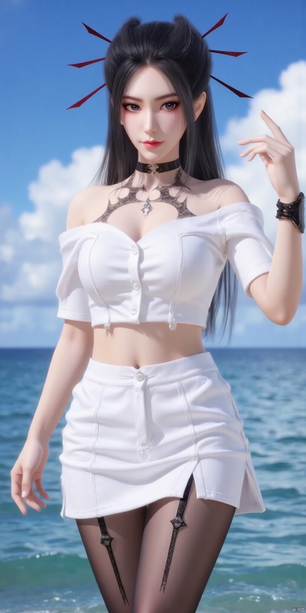 真人肌肤纹理, 4K画质,完美身材,long legs,big_breasts,navel, 1girl,,breasts,best quality, masterpiece, realistic, (Good structure), DSLR Quality,Depth of field,kind smile,looking_at_viewer,Dynamic pose, ,Short skirt,Blue sky, white clouds, ocean, nai3, 1girl, solo, crop top, , choker, navel, shirt, midriff, crop top overhang, looking at viewer, white shirt, jewelry, breasts, bare shoulders, off-shoulder shirt, off shoulder, black choker, thighs, stomach, long hair, bracelet, short sleeves, ribbon, hand up, collarbone, hair ribbon, medium breasts, , bra strap, , hair ornament, thigh gap, necklace, expressionless,yanlingji
