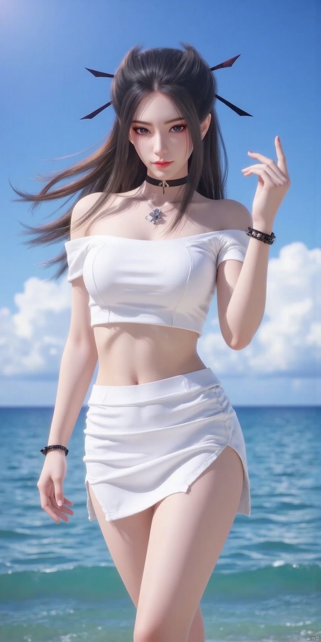 真人肌肤纹理, 4K画质,完美身材,long legs,big_breasts,navel, 1girl,,breasts,best quality, masterpiece, realistic, (Good structure), DSLR Quality,Depth of field,kind smile,looking_at_viewer,Dynamic pose, ,Short skirt,Blue sky, white clouds, ocean, nai3, 1girl, solo, crop top, , choker, navel, shirt, midriff, crop top overhang, looking at viewer, white shirt, jewelry, breasts, bare shoulders, off-shoulder shirt, off shoulder, black choker, thighs, stomach, long hair, bracelet, short sleeves, ribbon, hand up, collarbone, hair ribbon, medium breasts, , bra strap, , hair ornament, thigh gap, necklace, expressionless,yanlingji