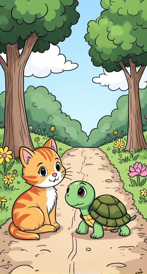 Create a vertical comic art style scene in a storybook background,  featuring a small turtle safely on the other side of t...