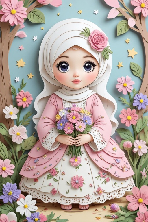 Create a layered 3D paper-cut illustration in a soft,  handcrafted style,  inspired by papercraft diorama aesthetics. Depi...