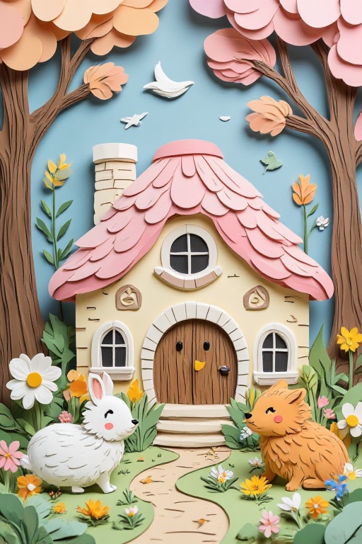 Create a layered 3D paper-cut illustration in a soft,  handcrafted style,  inspired by papercraft diorama aesthetics. Use...