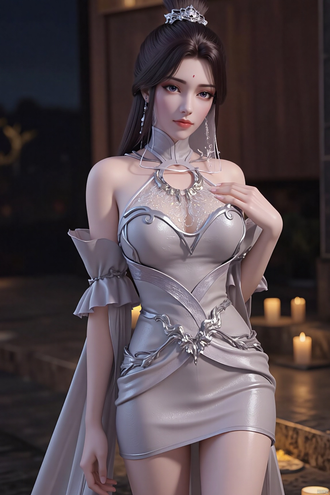 A charming and sexy woman with a graceful figure. She is wearing a  Silver grey evening dress and flesh-colored pantyhose.The smooth tailoring perfectly fits her body curves, highlighting her slender waist and charming body contour. The delicate sequins on the dress twinkle with fragmented light under the light, just like the stars in the night sky. The floor - length skirt sways gently with her steps, exuding endless temptation and noble temperament with every step.,