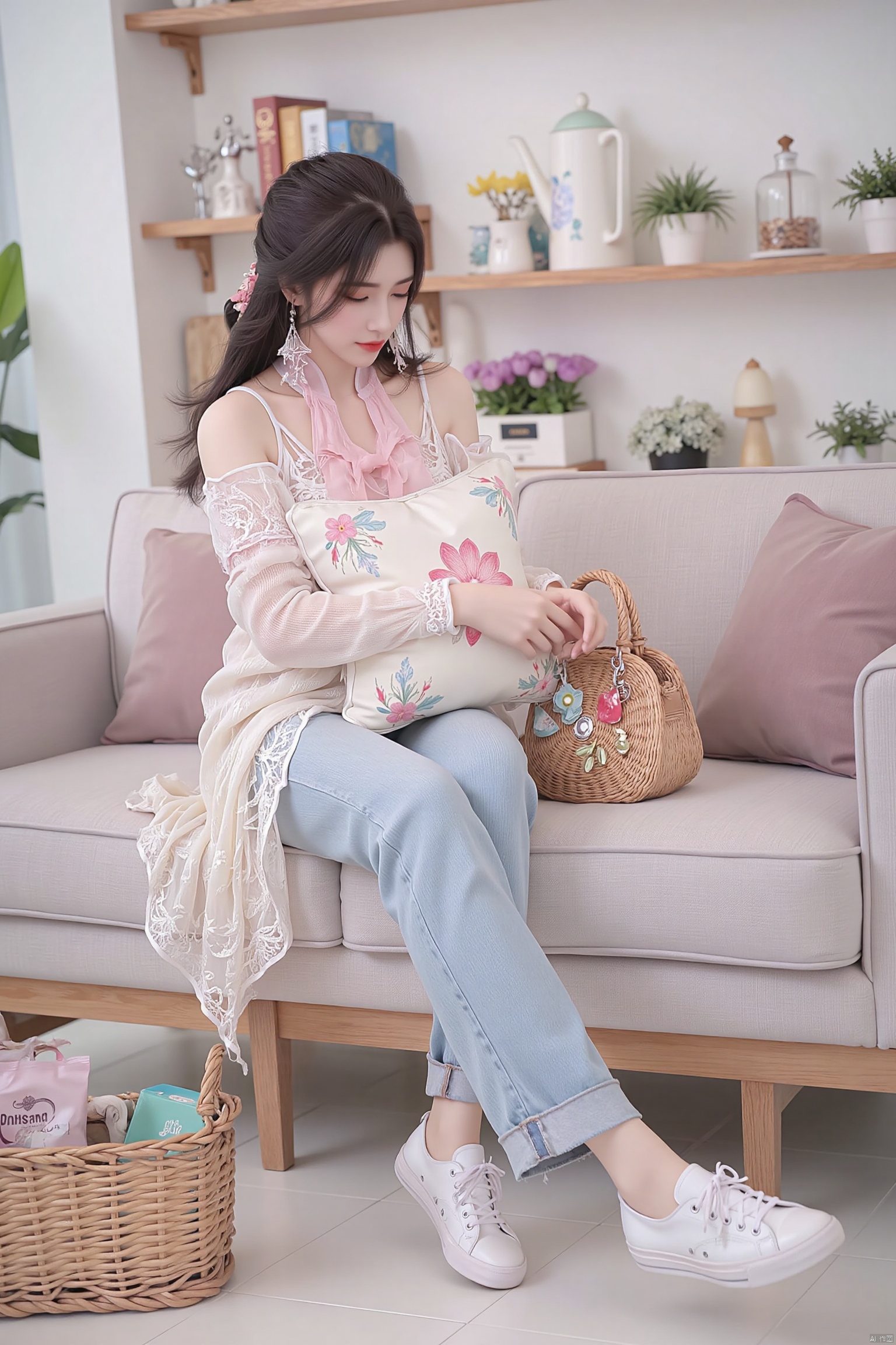  In a cozy living room setup, the warm and inviting hostess sits on a plush sofa, surrounded by various household items and gift-related props. She wears a loose-fitting cream-colored knitted sweater with intricate small flower patterns, paired with light blue denim jeans rolled up slightly to reveal her slender ankles, and white canvas shoes for a simple yet comfortable look. A soft pink scarf wraps around her neck, and she holds a woven handbag adorned with various knick-knacks. Her dark hair falls gently on her shoulder, occasionally framing her face with loose strands. Her bright but gentle eyes sparkle like a clear spring, radiating sincerity and concern as she shares the story behind the exquisite embroidery pillow she's holding, making viewers feel like they're in a loving home.