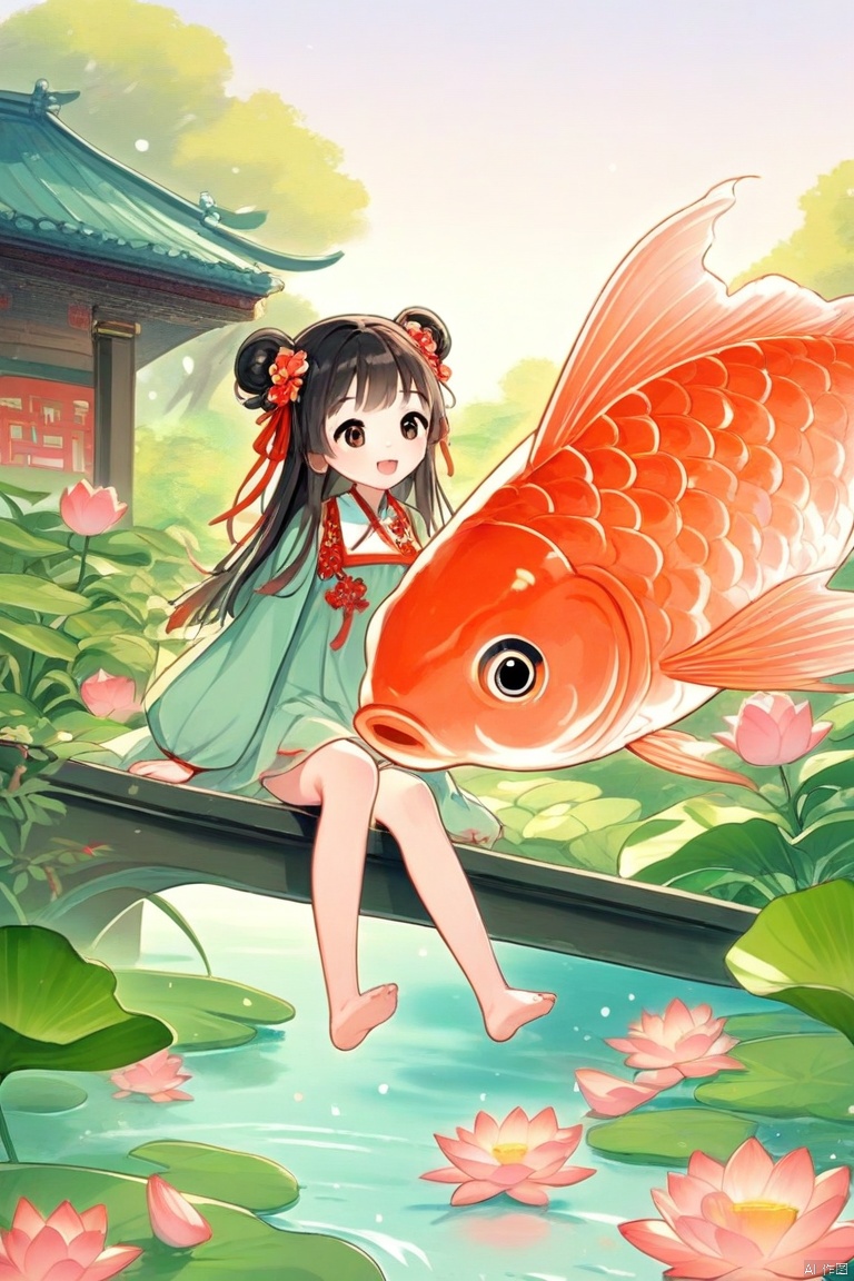 This image is a vibrant and whimsical illustration featuring a young girl sitting on a large, orange fish in a serene pond. The girl has long, dark hair adorned with red ribbons and flowers, and she is wearing a light green dress with red accents. She appears to be enjoying a playful moment, with her legs dangling over the fish and a joyful expression on her face.

The fish is depicted with great detail, showcasing its scales and fins in shades of orange and red. The pond is filled with green lily pads and blooming pink lotus flowers, adding to the tranquil and picturesque setting. In the background, there are traditional Asian-style pavilions and pagodas with curved roofs, set against a soft, pastel sky. The overall atmosphere of the image is one of fantasy and serenity, blending elements of nature and cultural architecture.