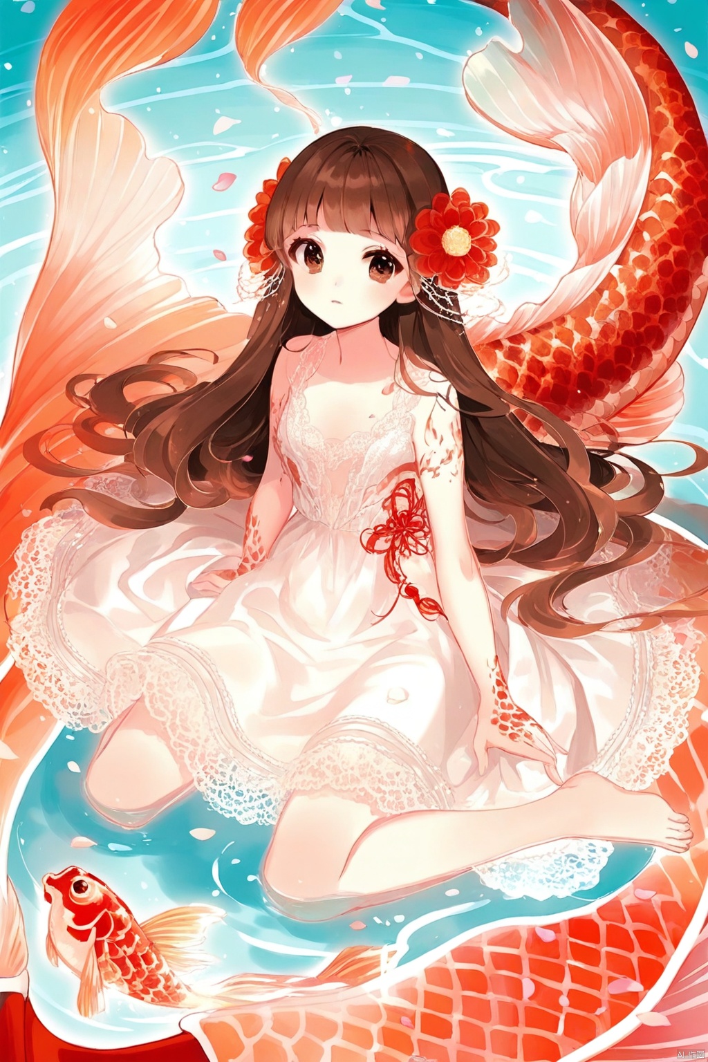 The image is a vibrant and whimsical anime-style illustration. It features a young girl with long, flowing brown hair adorned with a red flower. She is wearing a white dress with delicate lace details and is sitting gracefully on a large, colorful koi fish. The koi fish has a striking red and orange pattern with prominent scales and large, expressive eyes. The background consists of a serene water scene with gentle waves and floating pink petals, creating a dreamy and tranquil atmosphere. The overall composition is harmonious and visually captivating, blending elements of nature and fantasy.