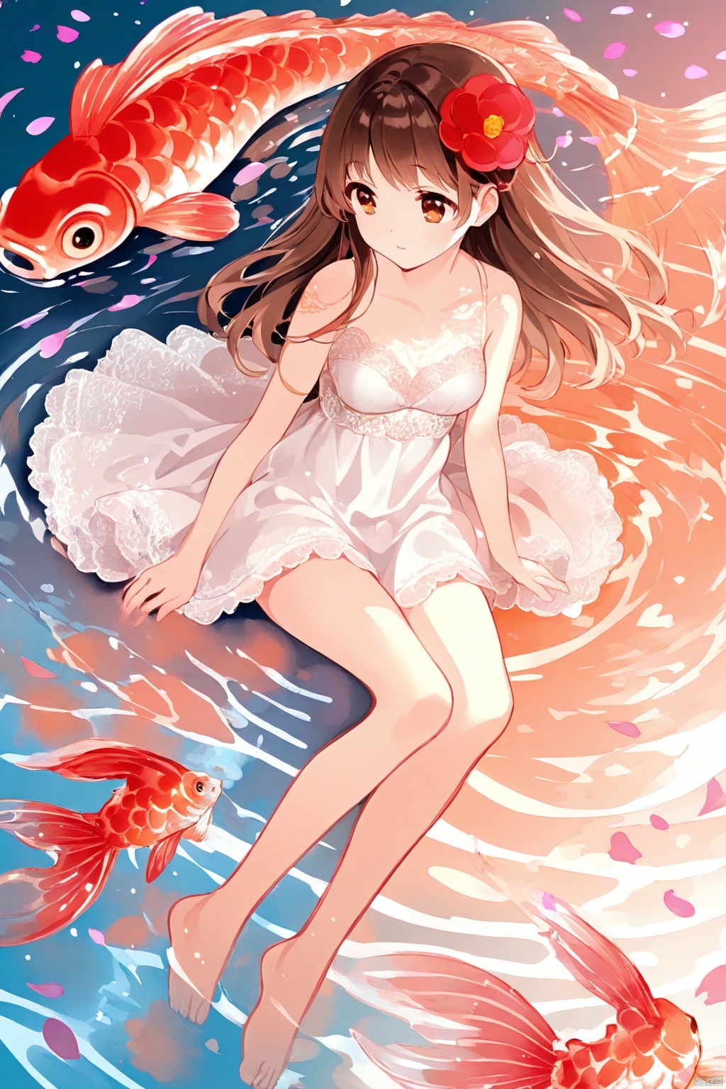 The image is a vibrant and whimsical anime-style illustration. It features a young girl with long, flowing brown hair adorned with a red flower. She is wearing a white dress with delicate lace details and is sitting gracefully on a large, colorful koi fish. The koi fish has a striking red and orange pattern with prominent scales and large, expressive eyes. The background consists of a serene water scene with gentle waves and floating pink petals, creating a dreamy and tranquil atmosphere. The overall composition is harmonious and visually captivating, blending elements of nature and fantasy.