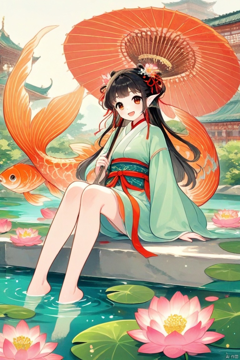 This image is a vibrant and whimsical illustration featuring a young girl sitting on a large, orange fish in a serene pond. The girl has long, dark hair adorned with red ribbons and flowers, and she is wearing a light green dress with red accents. She appears to be enjoying a playful moment, with her legs dangling over the fish and a joyful expression on her face.

The fish is depicted with great detail, showcasing its scales and fins in shades of orange and red. The pond is filled with green lily pads and blooming pink lotus flowers, adding to the tranquil and picturesque setting. In the background, there are traditional Asian-style pavilions and pagodas with curved roofs, set against a soft, pastel sky. The overall atmosphere of the image is one of fantasy and serenity, blending elements of nature and cultural architecture.
