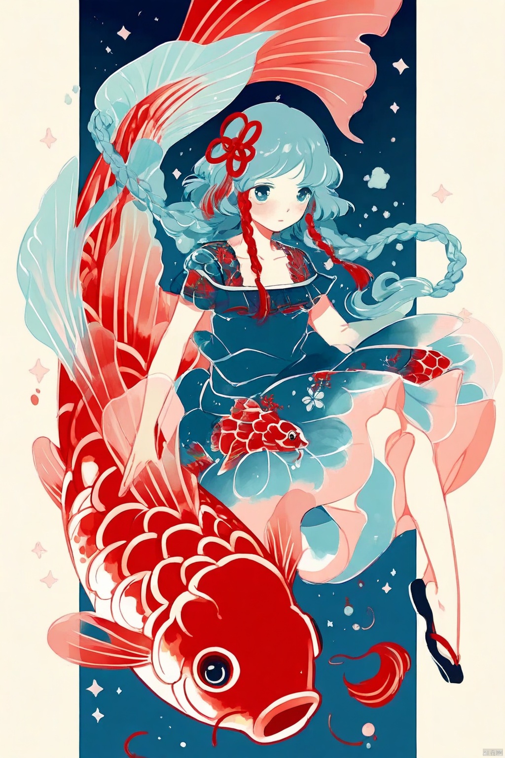 The image is a beautifully illustrated scene featuring a young girl sitting on a large, vibrant red koi fish. The girl is dressed in a traditional blue dress adorned with red floral patterns. Her hair is styled in two braids, each tied with a red ribbon, and she has a serene expression on her face. The koi fish is depicted with intricate scales and flowing fins, creating a sense of movement and grace. The background is a soft, dreamy blue with subtle hints of stars and swirling patterns, giving the scene a magical and ethereal atmosphere. The overall composition is harmonious and whimsical, blending elements of nature and fantasy.