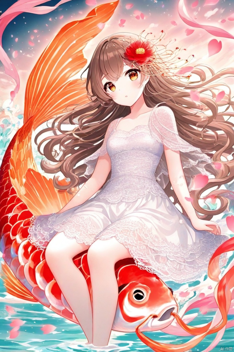 The image is a vibrant and whimsical anime-style illustration. It features a young girl with long, flowing brown hair adorned with a red flower. She is wearing a white dress with delicate lace details and is sitting gracefully on a large, colorful koi fish. The koi fish has a striking red and orange pattern with prominent scales and large, expressive eyes. The background consists of a serene water scene with gentle waves and floating pink petals, creating a dreamy and tranquil atmosphere. The overall composition is harmonious and visually captivating, blending elements of nature and fantasy.