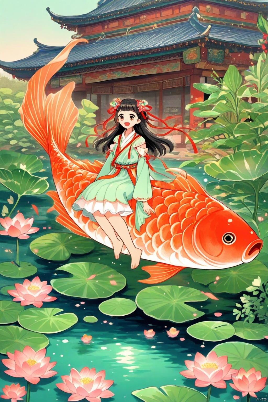 This image is a vibrant and whimsical illustration featuring a young girl sitting on a large, orange fish in a serene pond. The girl has long, dark hair adorned with red ribbons and flowers, and she is wearing a light green dress with red accents. She appears to be enjoying a playful moment, with her legs dangling over the fish and a joyful expression on her face.

The fish is depicted with great detail, showcasing its scales and fins in shades of orange and red. The pond is filled with green lily pads and blooming pink lotus flowers, adding to the tranquil and picturesque setting. In the background, there are traditional Asian-style pavilions and pagodas with curved roofs, set against a soft, pastel sky. The overall atmosphere of the image is one of fantasy and serenity, blending elements of nature and cultural architecture.