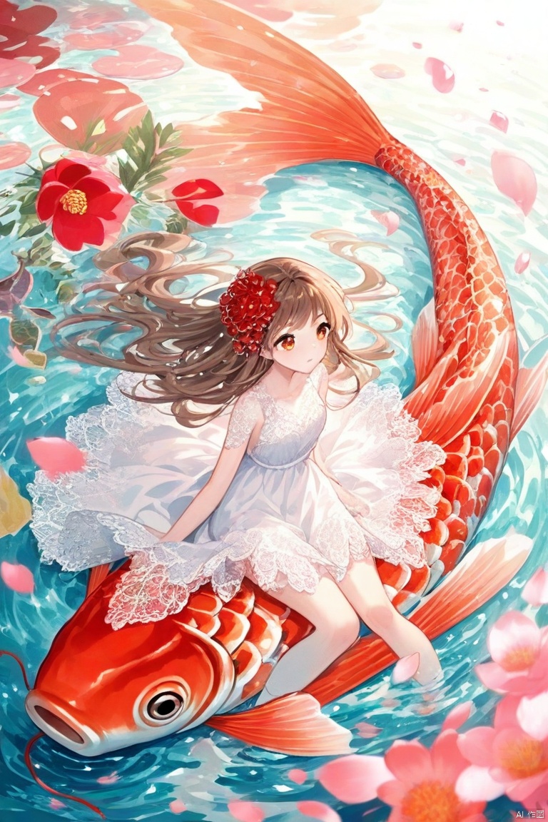 The image is a vibrant and whimsical anime-style illustration. It features a young girl with long, flowing brown hair adorned with a red flower. She is wearing a white dress with delicate lace details and is sitting gracefully on a large, colorful koi fish. The koi fish has a striking red and orange pattern with prominent scales and large, expressive eyes. The background consists of a serene water scene with gentle waves and floating pink petals, creating a dreamy and tranquil atmosphere. The overall composition is harmonious and visually captivating, blending elements of nature and fantasy.