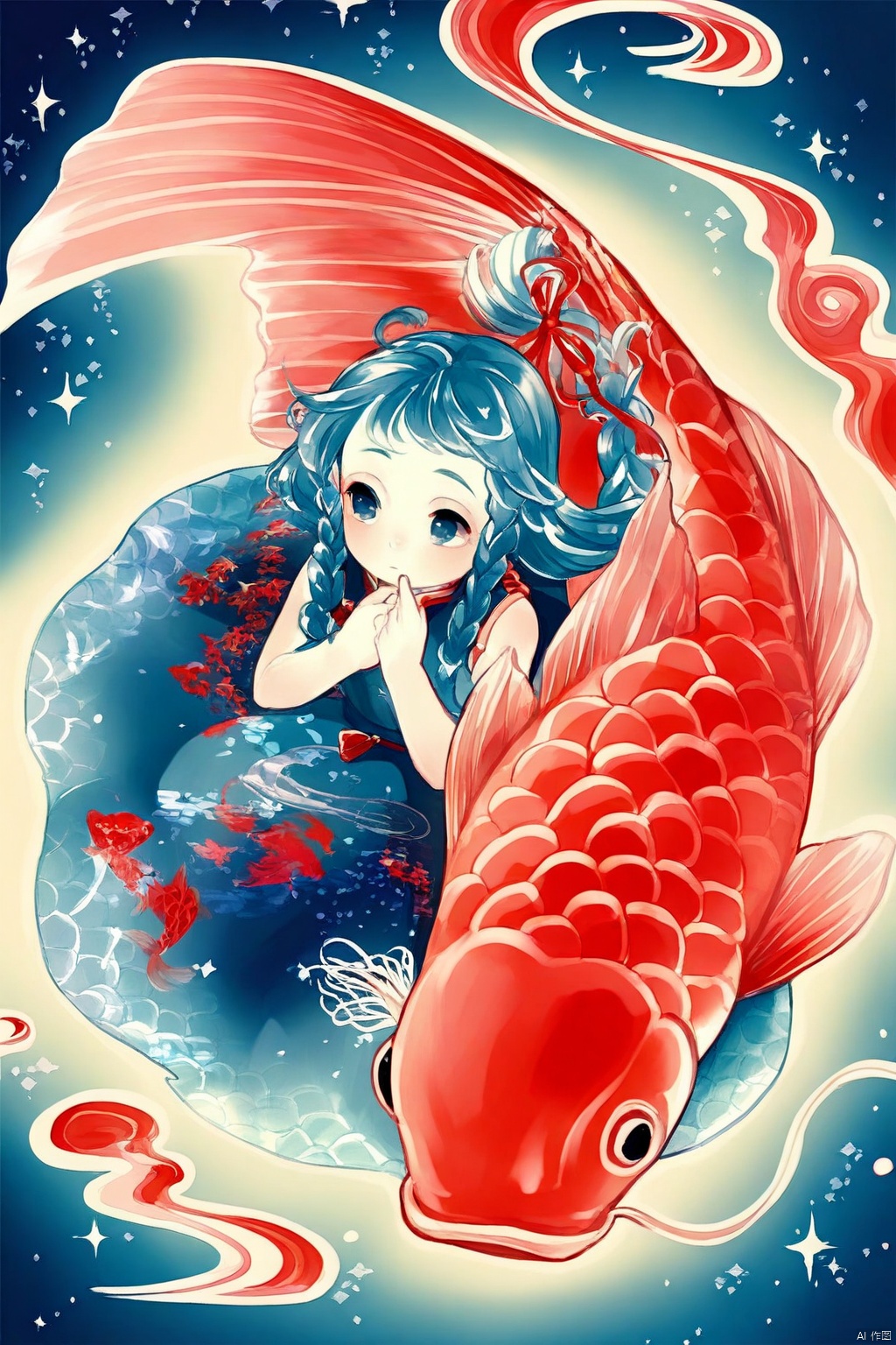 The image is a beautifully illustrated scene featuring a young girl sitting on a large, vibrant red koi fish. The girl is dressed in a traditional blue dress adorned with red floral patterns. Her hair is styled in two braids, each tied with a red ribbon, and she has a serene expression on her face. The koi fish is depicted with intricate scales and flowing fins, creating a sense of movement and grace. The background is a soft, dreamy blue with subtle hints of stars and swirling patterns, giving the scene a magical and ethereal atmosphere. The overall composition is harmonious and whimsical, blending elements of nature and fantasy.