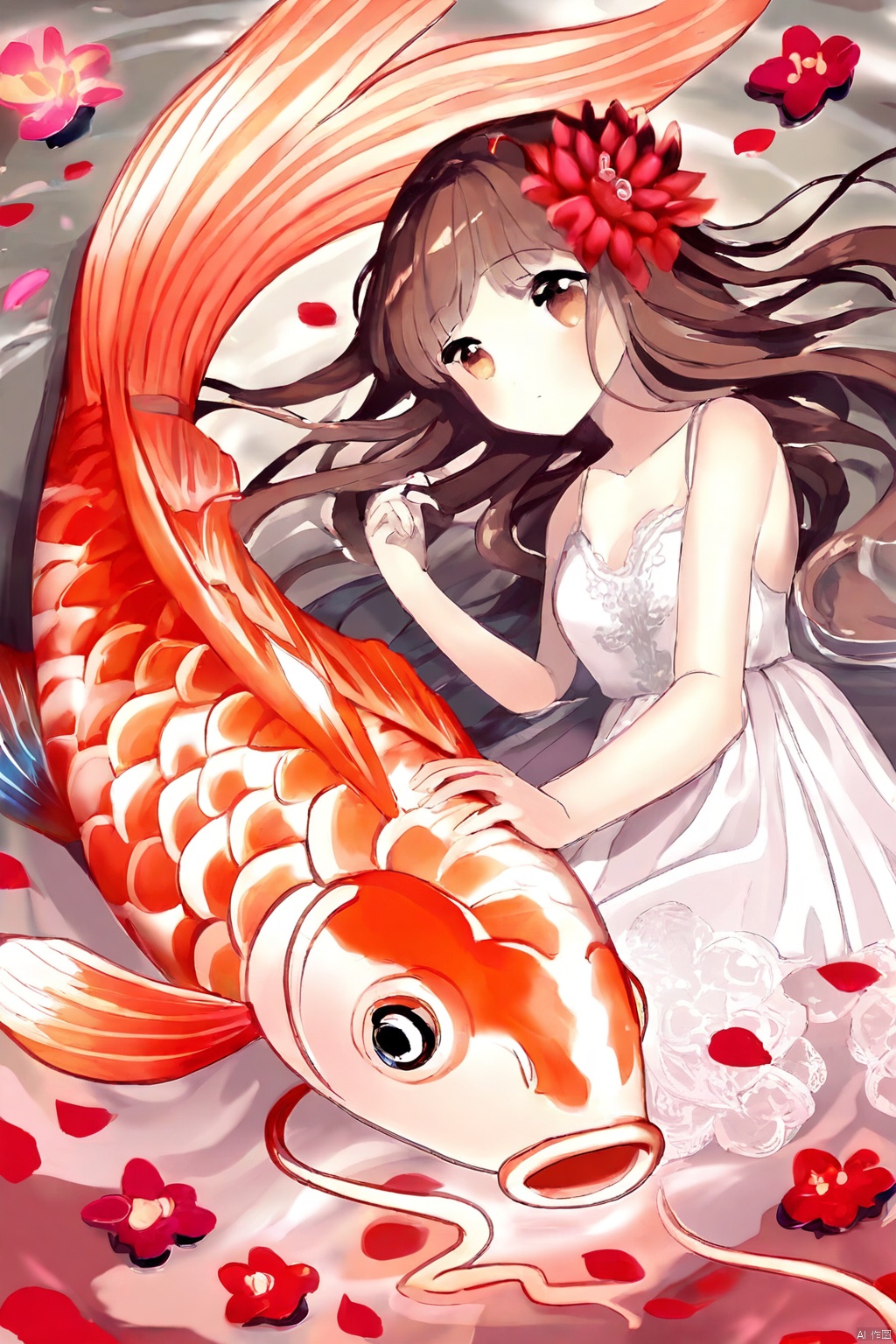 The image is a vibrant and whimsical anime-style illustration. It features a young girl with long, flowing brown hair adorned with a red flower. She is wearing a white dress with delicate lace details and is sitting gracefully on a large, colorful koi fish. The koi fish has a striking red and orange pattern with prominent scales and large, expressive eyes. The background consists of a serene water scene with gentle waves and floating pink petals, creating a dreamy and tranquil atmosphere. The overall composition is harmonious and visually captivating, blending elements of nature and fantasy.